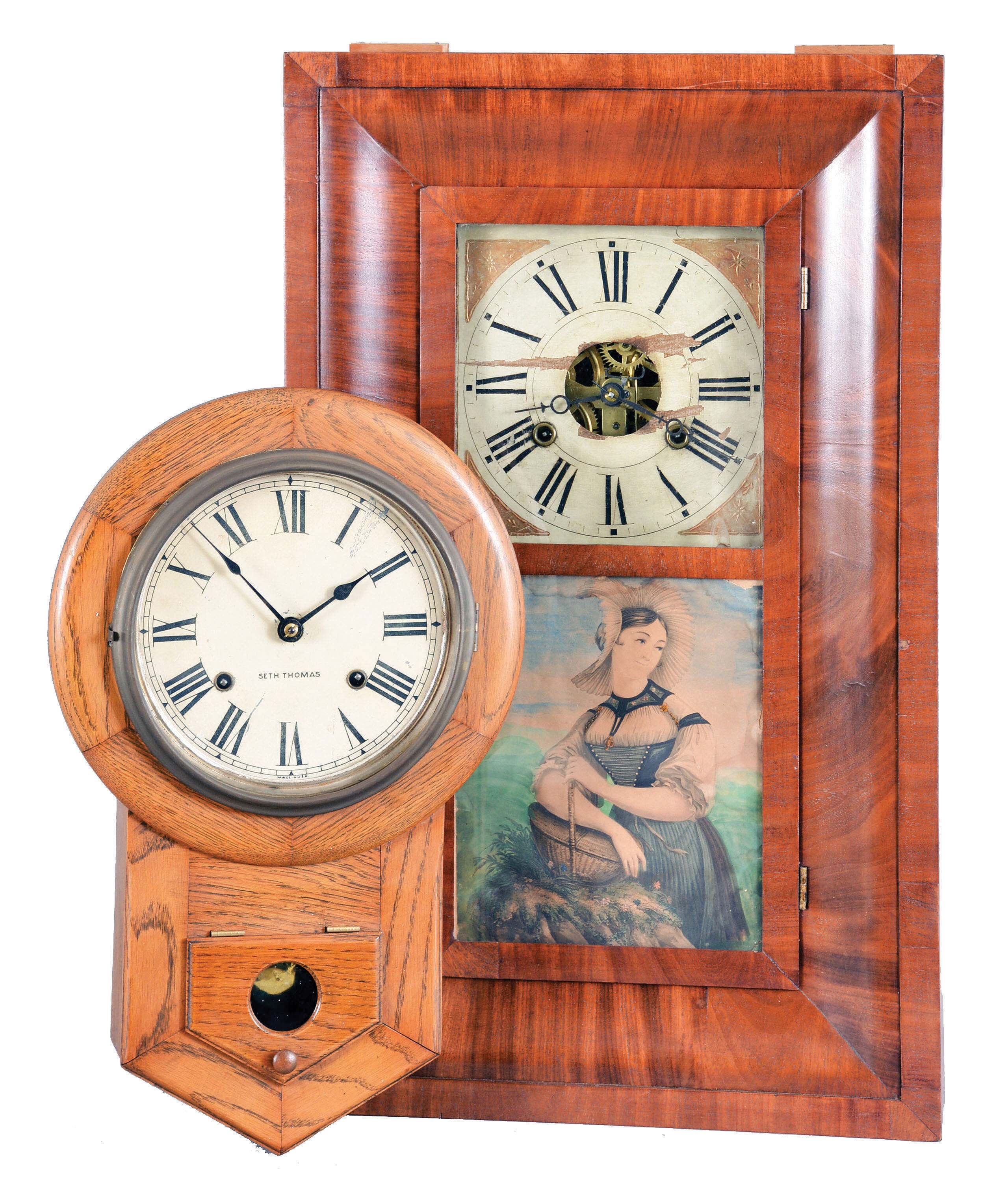 Clocks- 2 (Two) American Wood Case: (1) Dilger &amp; Co., ogee clock, 30 hour, time and strike, weight driven in a walnut veneer case with painted wooden dial; (2) Seth Thomas Clock Co.,Thomaston Conn., "Drop Octagon 8 Inch", 8 day, time and strike, spring driven movement in an oak case with painted metal dial, c1928. — Antique Clocks Price Guide