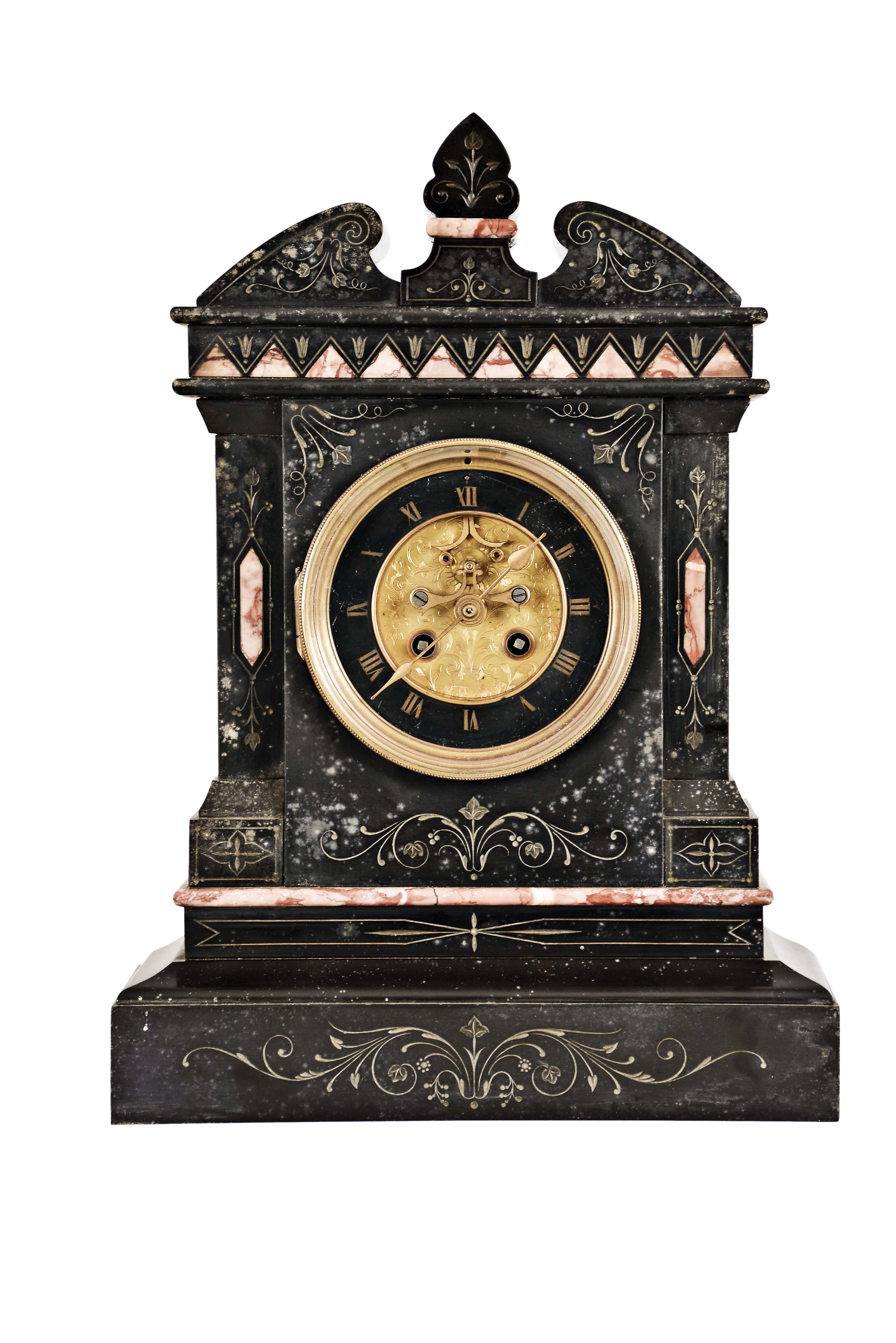 Marti &amp; Cie, Paris, mantel clock, 8 day, time and strike, spring driven movement with visible Brocot escapement in an incised black slate case with red marble insets and molding, engraved sunk dial with black slate chapter ring with Roman numerals. — Antique Clocks Price Guide