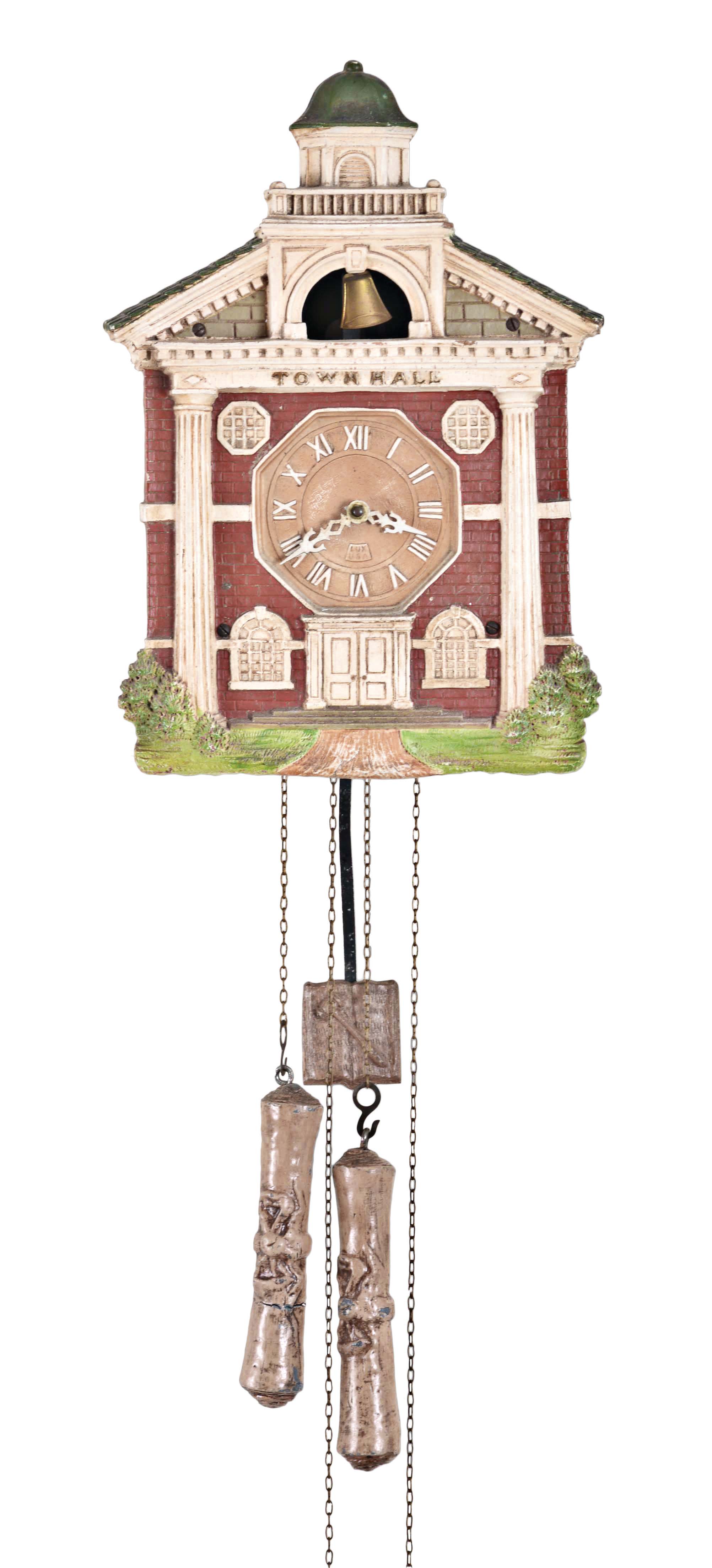 Lux Manufacturing Company, Waterbury, Conn., "Town Hall" wall clock, 30 hour, time and strike, weight driven movement, architectural case in the form of a public building with bell tower, Roman numeral dial, scroll form weights, book and gavel pendulum. — Antique Clocks Price Guide