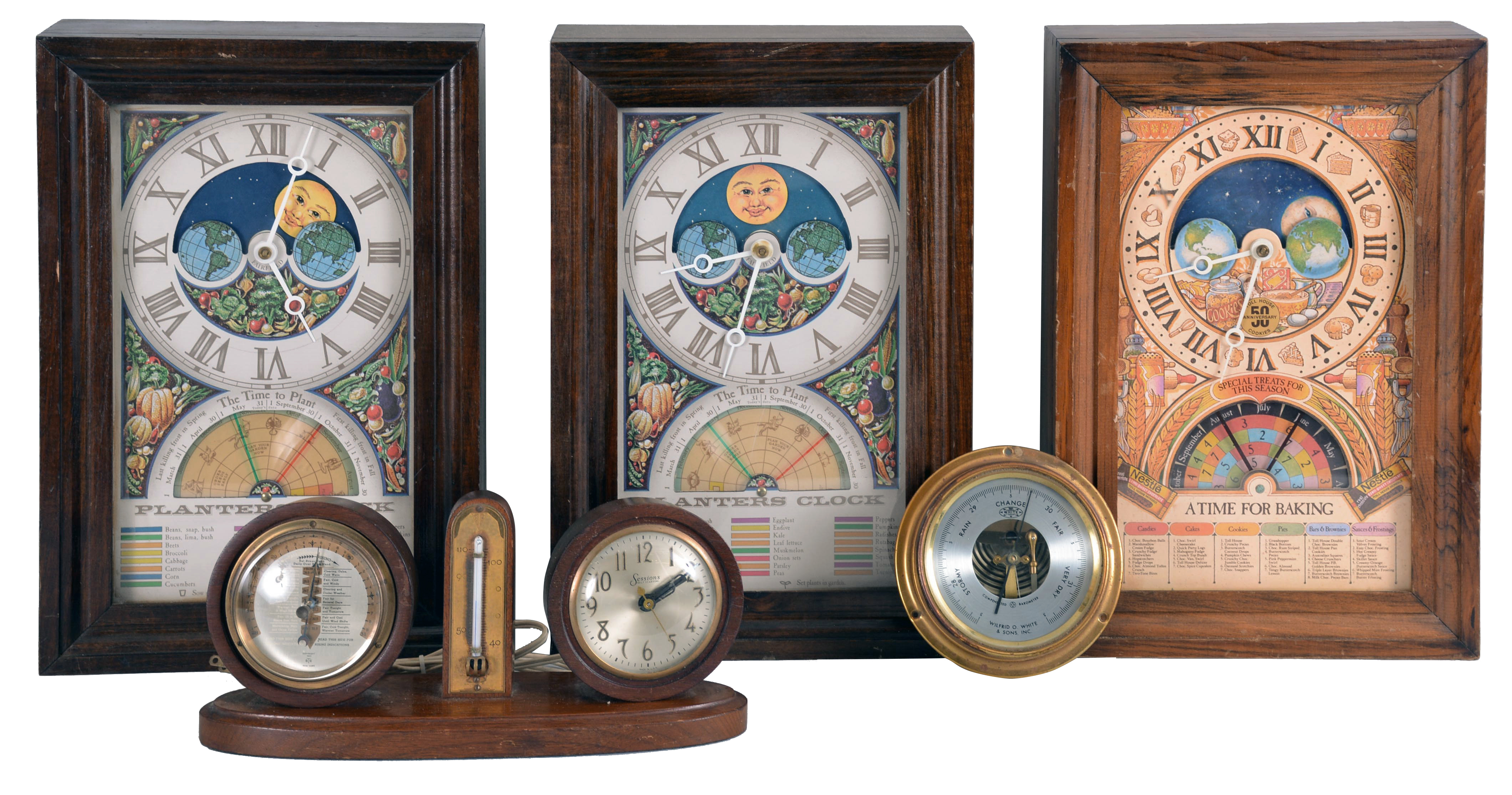 Clocks- 4 (Four) and 1 (One) Barometer and 1 (One) gimbaled compass: three plug-in electric almanac clocks, two with planting information and one with baking information; desktop weather station with electric clock, thermometer and barometer; Wilfred O. White &amp; Sons, Inc aneroid barometer; and a Baker Compass Co., Melrose, Mass., compass — Antique Clocks Price Guide