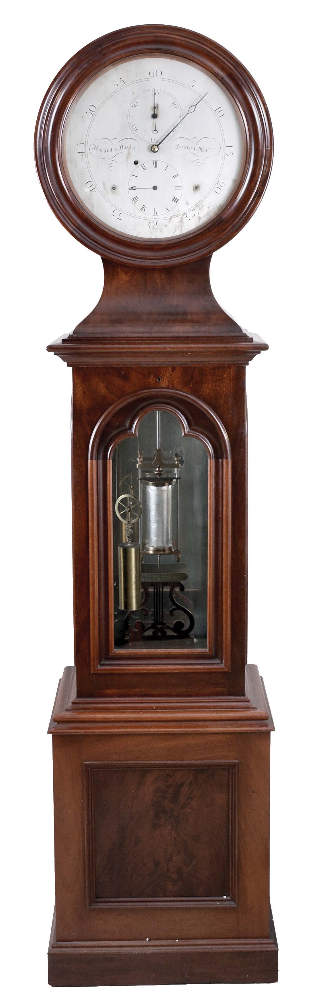 Reproduction Howard &amp; Davis standing astronomical regulator, variant of "Regulator No. 23", 8 day, time only brass weight driven movement with a compensated, one jar mercury pendulum, in a well made drum head mahogany case with Gothic molded door and two similar side lights, silvered astronomical dial is signed "Howard &amp; Davis, Boston, Mass." — Antique Clocks Price Guide
