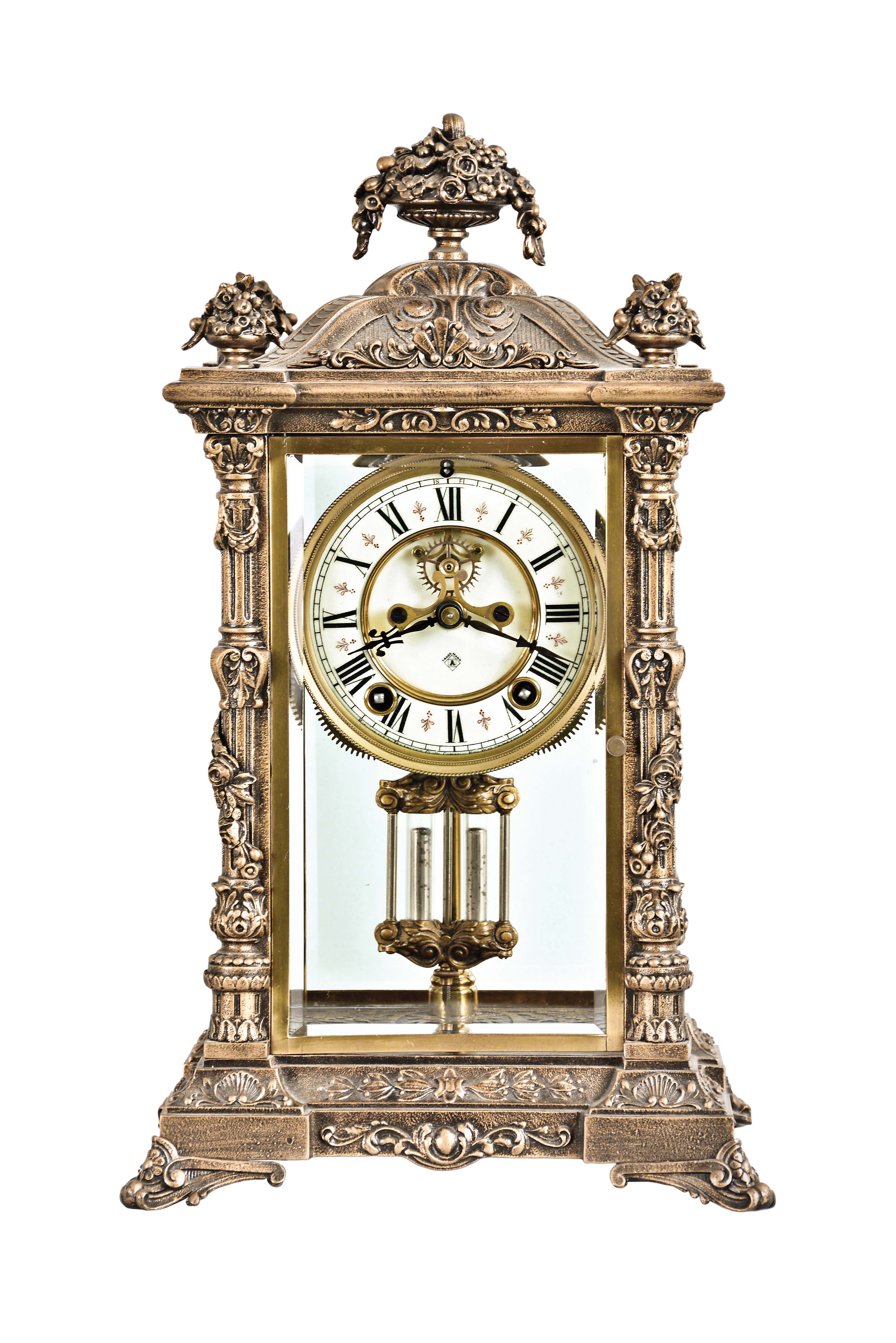 Ansonia Clock Co., New York, "Lucia", 8 day, time and strike, spring brass movement crystal regulator mantel clock. — Antique Clocks Price Guide