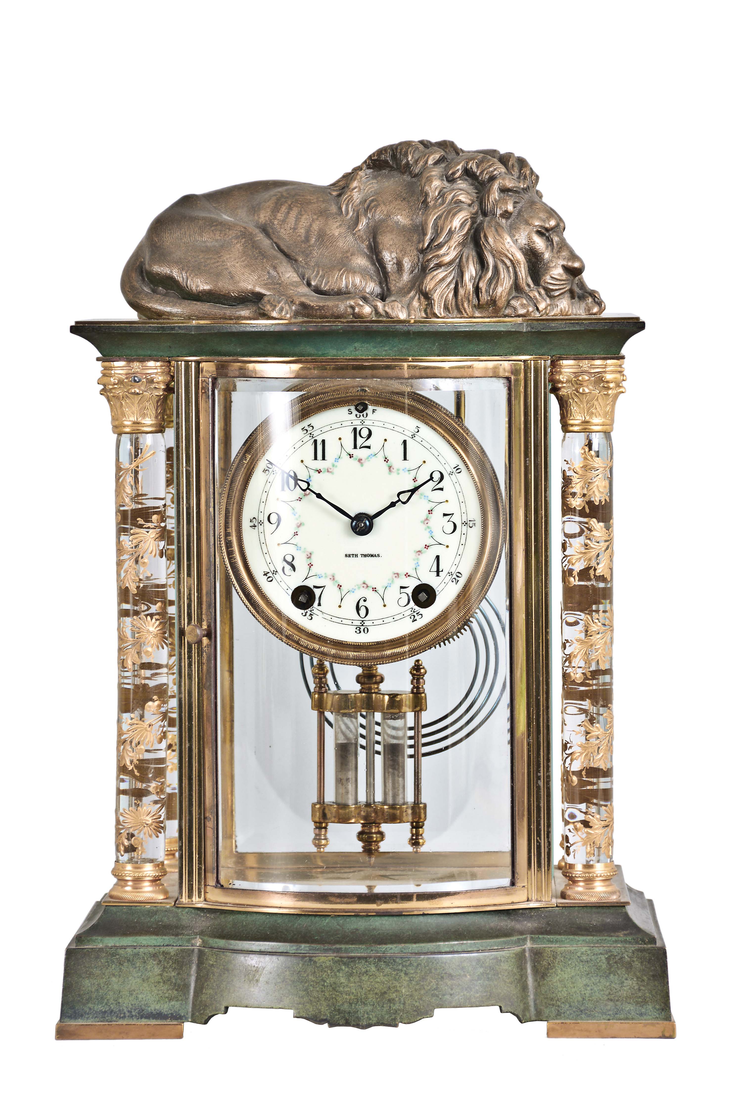 Seth Thomas Clock Co., Thomaston, Conn., "Empire No. 65 Extra", 8 day, time and strike, spring brass movement crystal regulator mantel clock. — Antique Clocks Price Guide