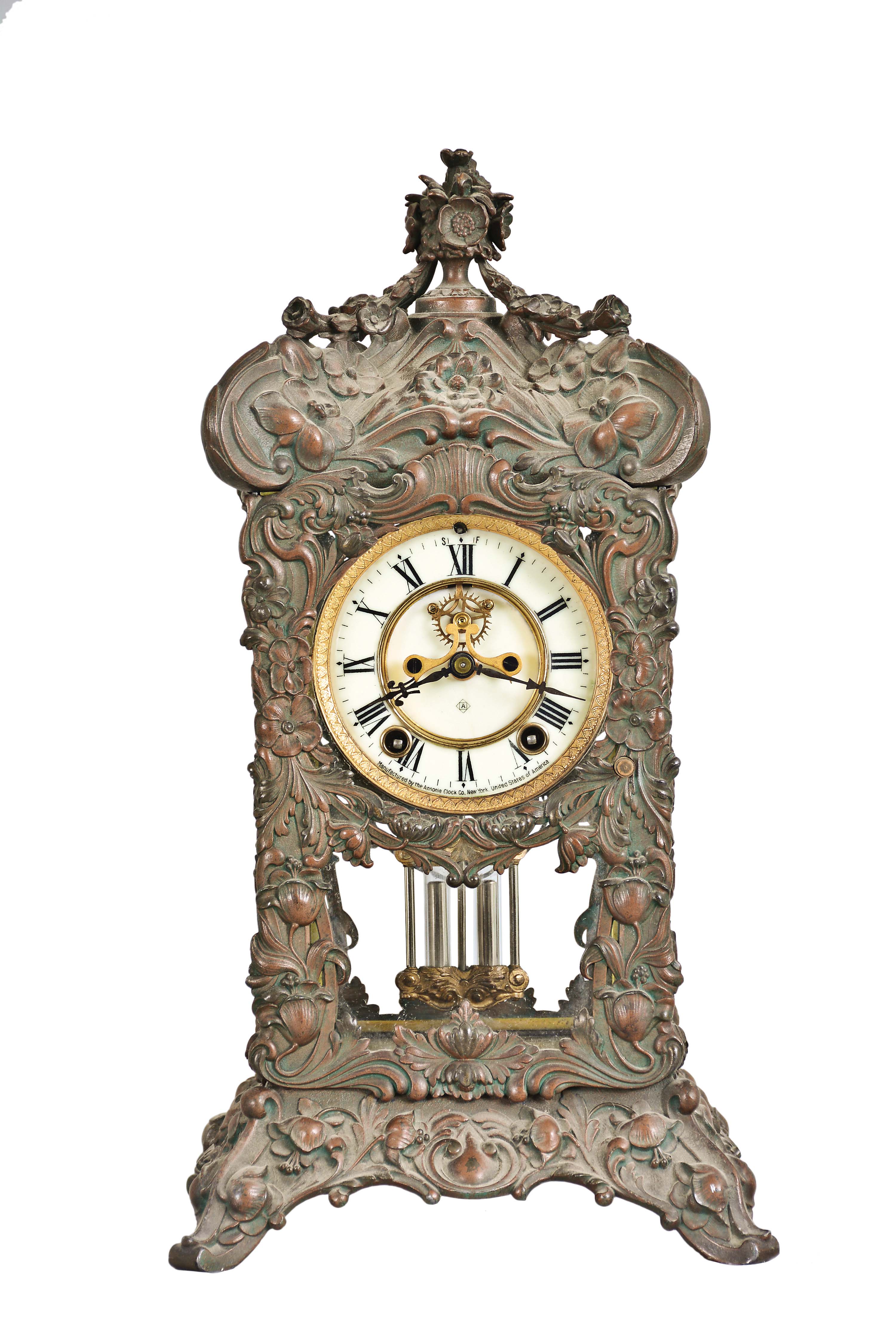 Ansonia Clock Co., New York, "Floral", 8 day, time and strike, spring brass movement crystal regulator mantel clock. — Antique Clocks Price Guide