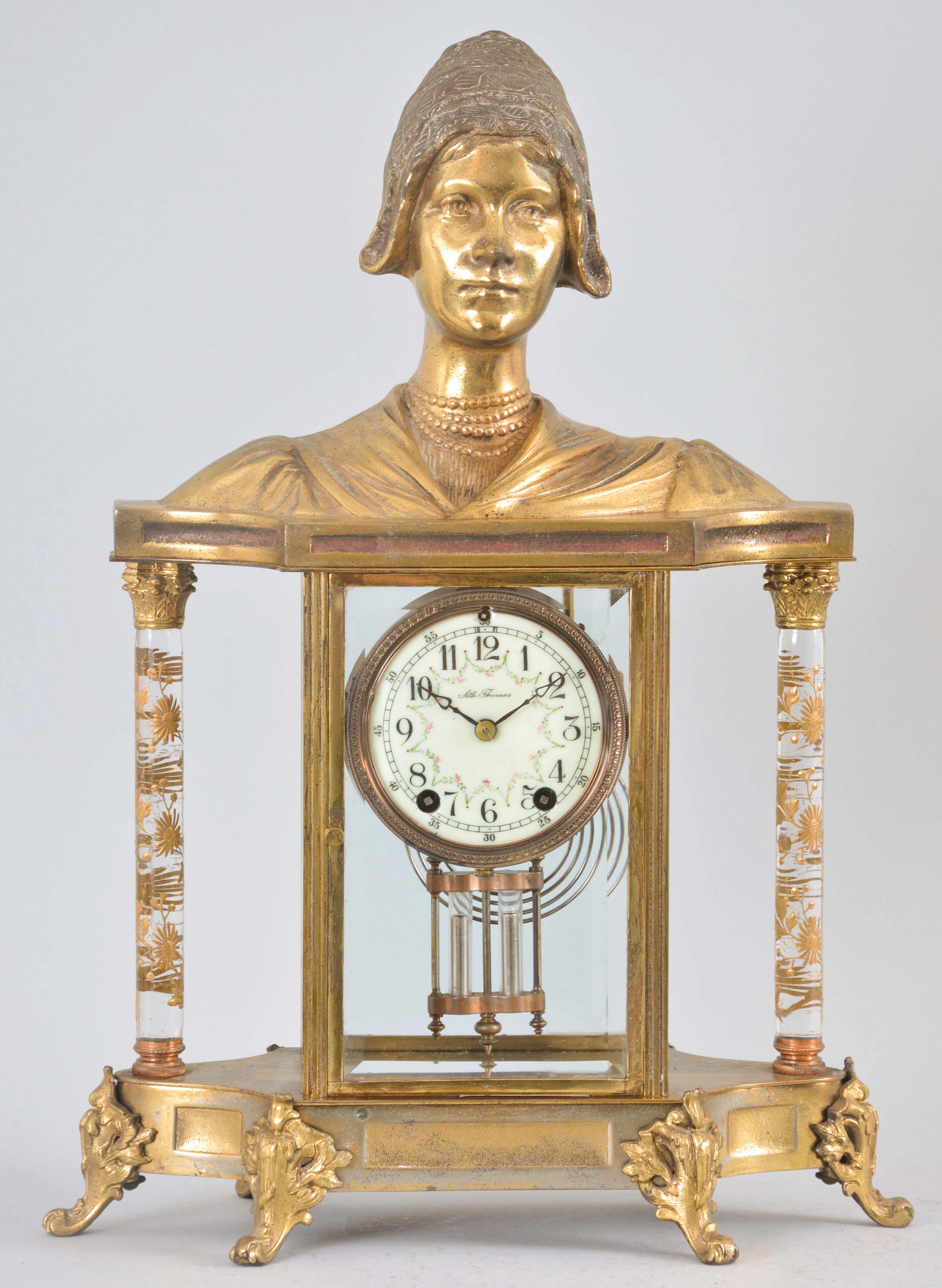 Seth Thomas Clock Co., Thomaston, Conn., "Empire No. 32", 8 day, time and strike, spring brass movement crystal regulator mantel clock. — Antique Clocks Price Guide