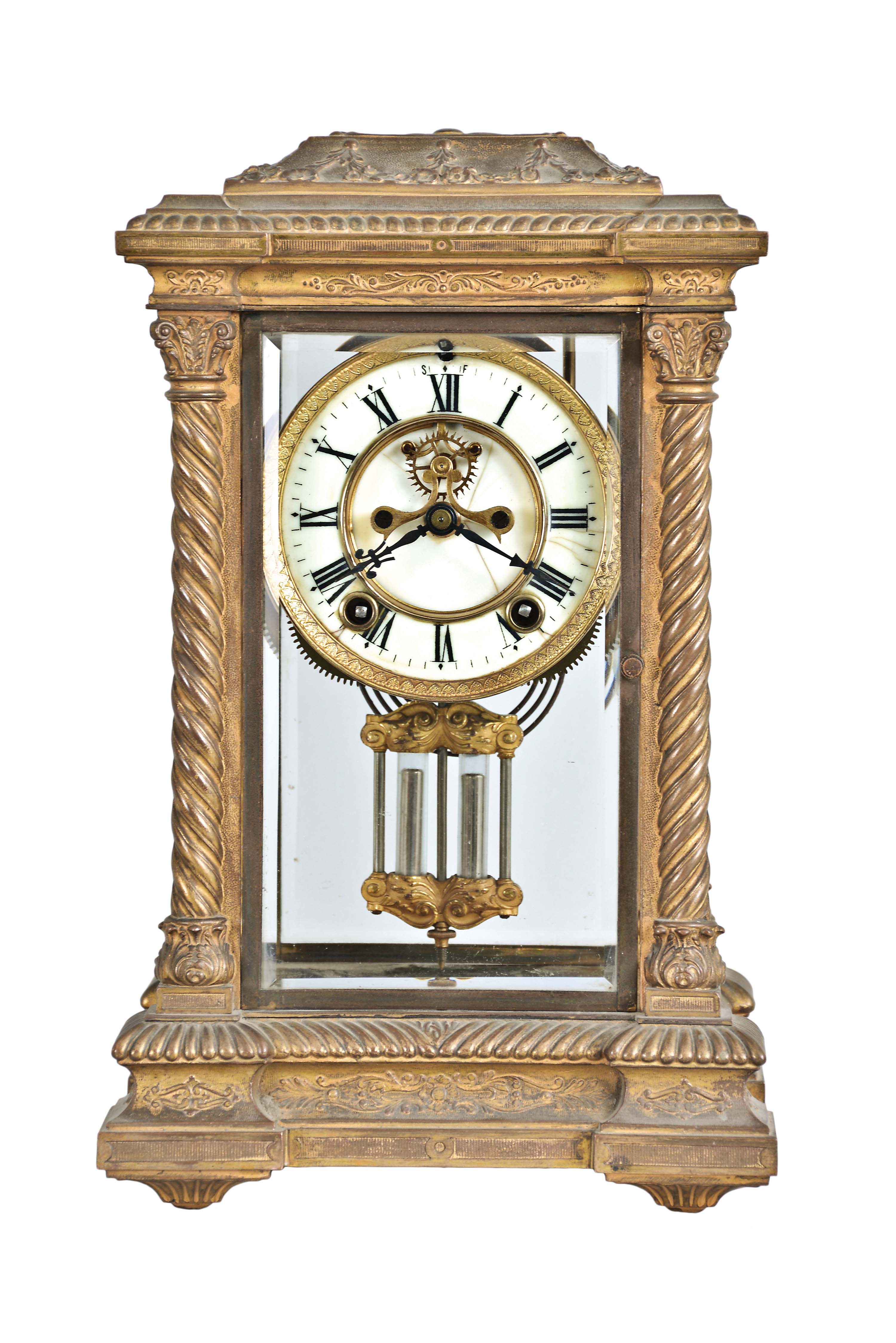 Ansonia Clock Co., New York, "Don", 8 day, time and strike, spring brass movement crystal regulator mantel clock. — Antique Clocks Price Guide