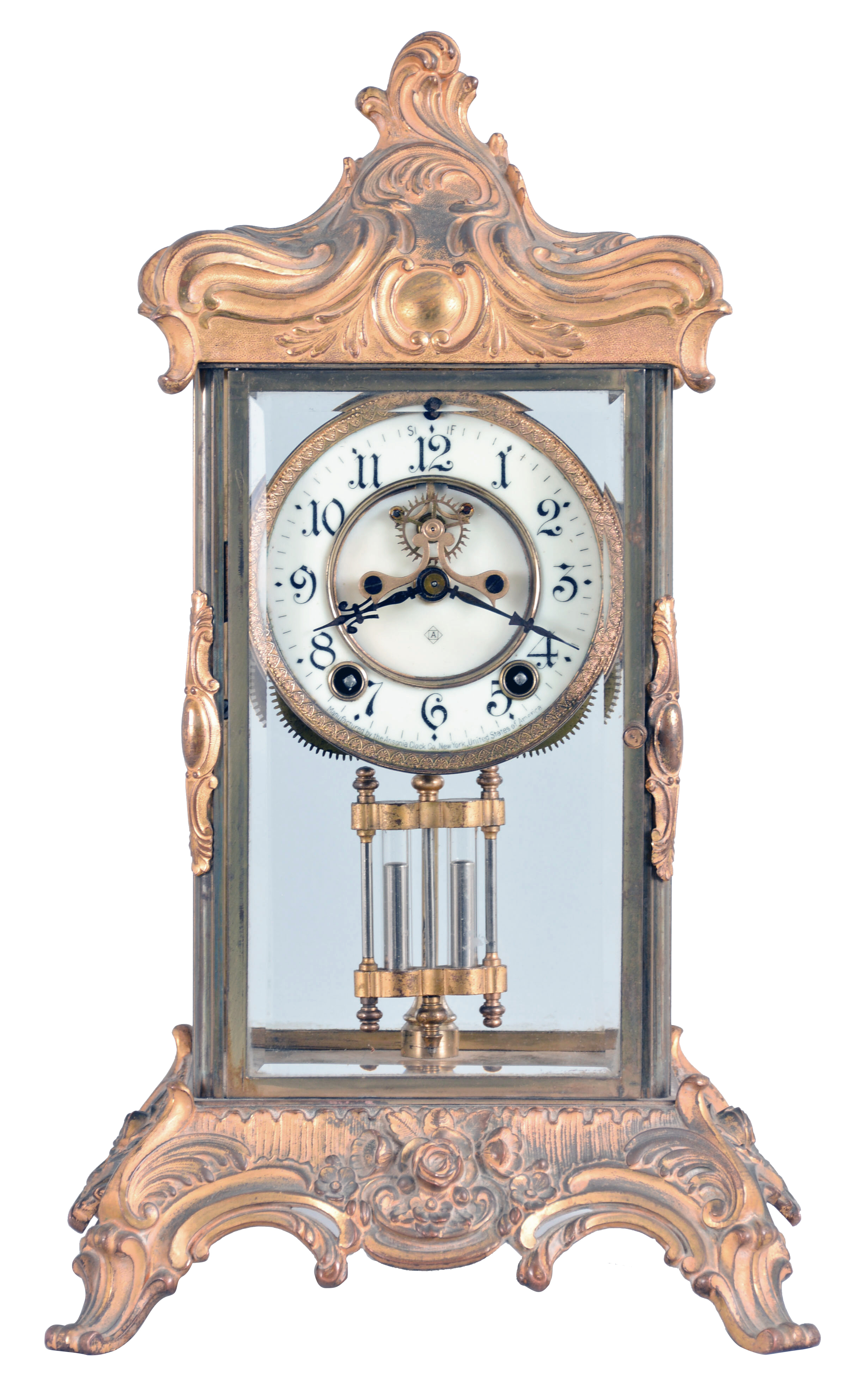 Ansonia Clock Co., New York, "Zenith", 8 day, time and strike, spring brass movement crystal regulator mantel clock. — Antique Clocks Price Guide
