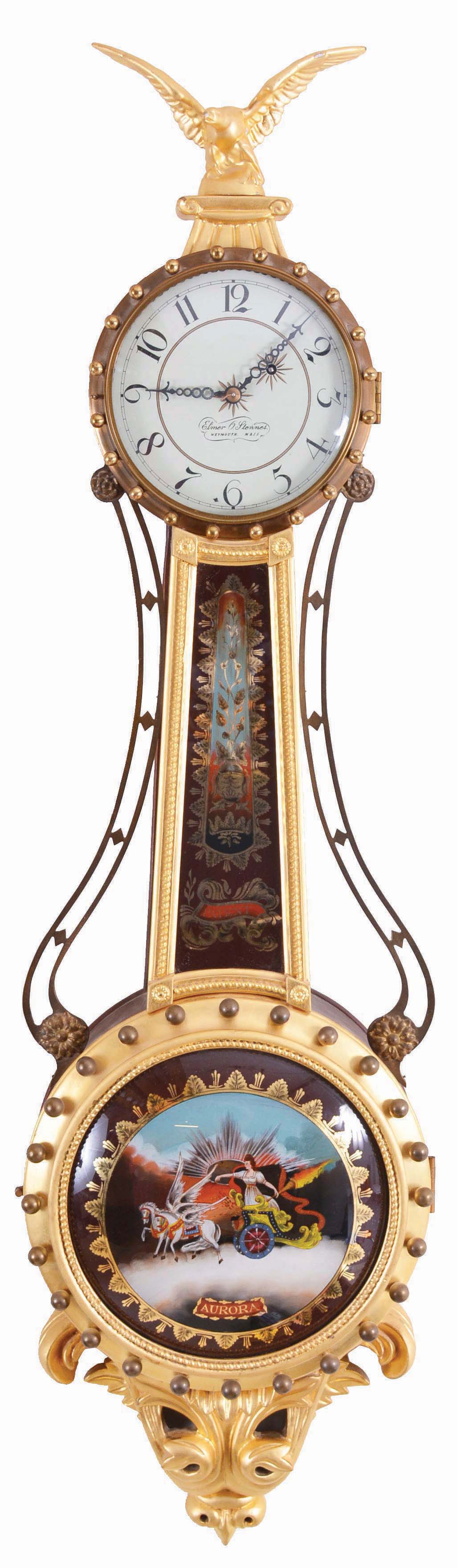 Elmer O. Stennes, Weymouth, Mass. girandole wall clock, 8 day, time only, weight driven Kilbourn &amp; Proctor movement in a mahogany case with gold painted front and reverse painted throat and lower convex glass tablets, with painted aluminum dial — Antique Clocks Price Guide