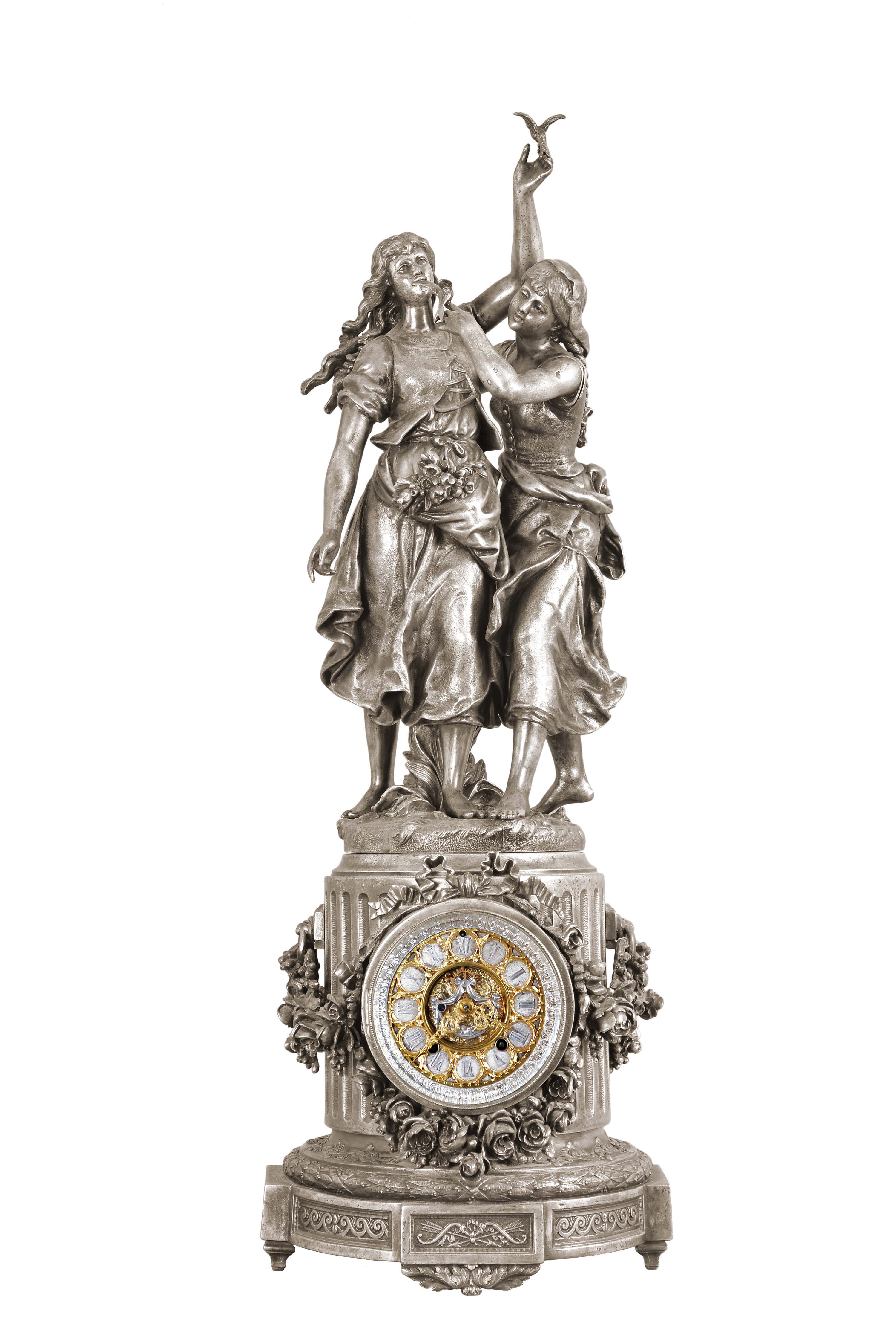 Ansonia Clock Co., New York, "Florida, with Group No. 1090", 8 day, time and strike, spring brass movement figural mantel clock. — Antique Clocks Price Guide