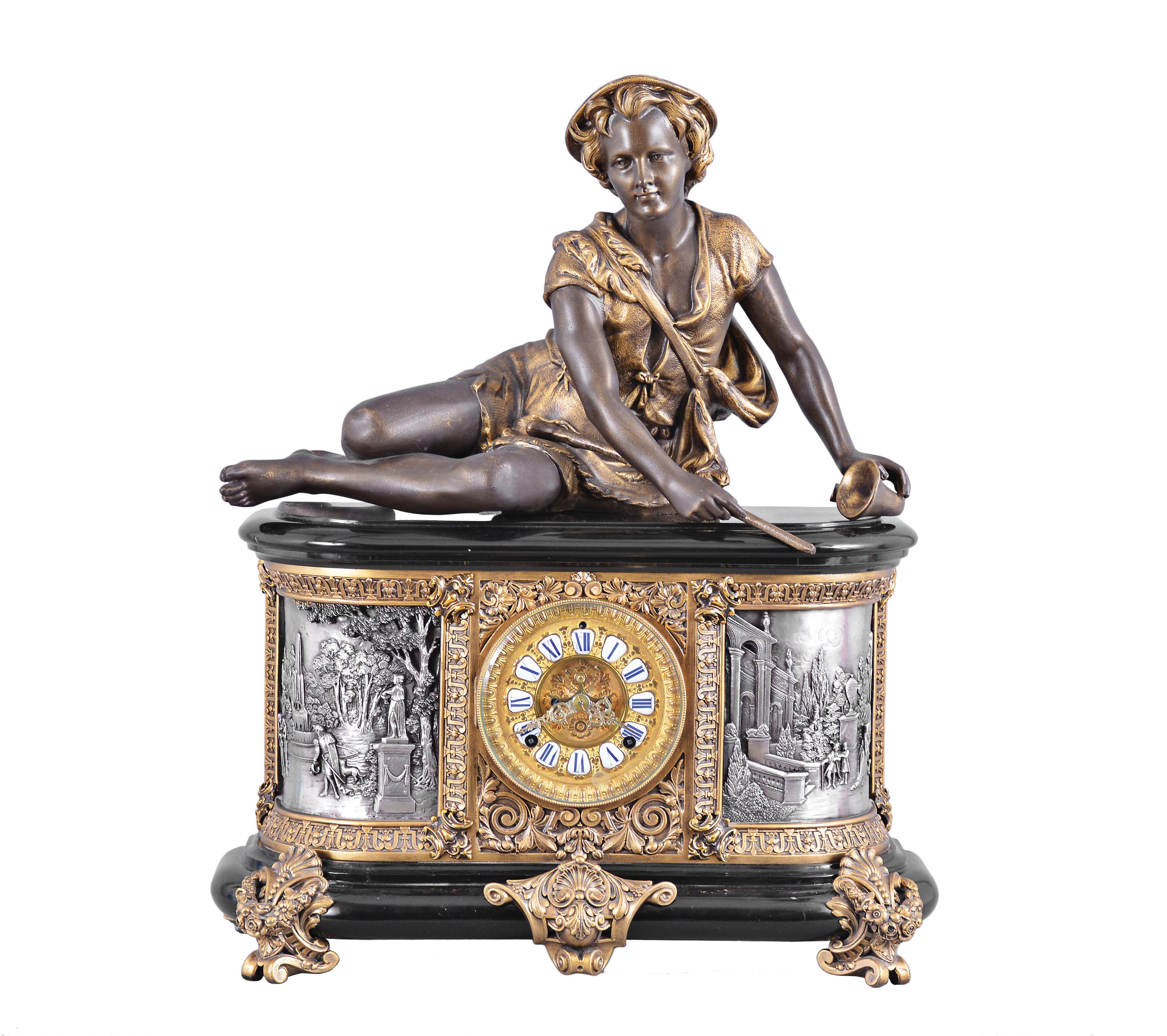 Ansonia Clock Co., New York, "Virginia base with Shepard Boy", 8 day, time and strike figural mantel clock . — Antique Clocks Price Guide