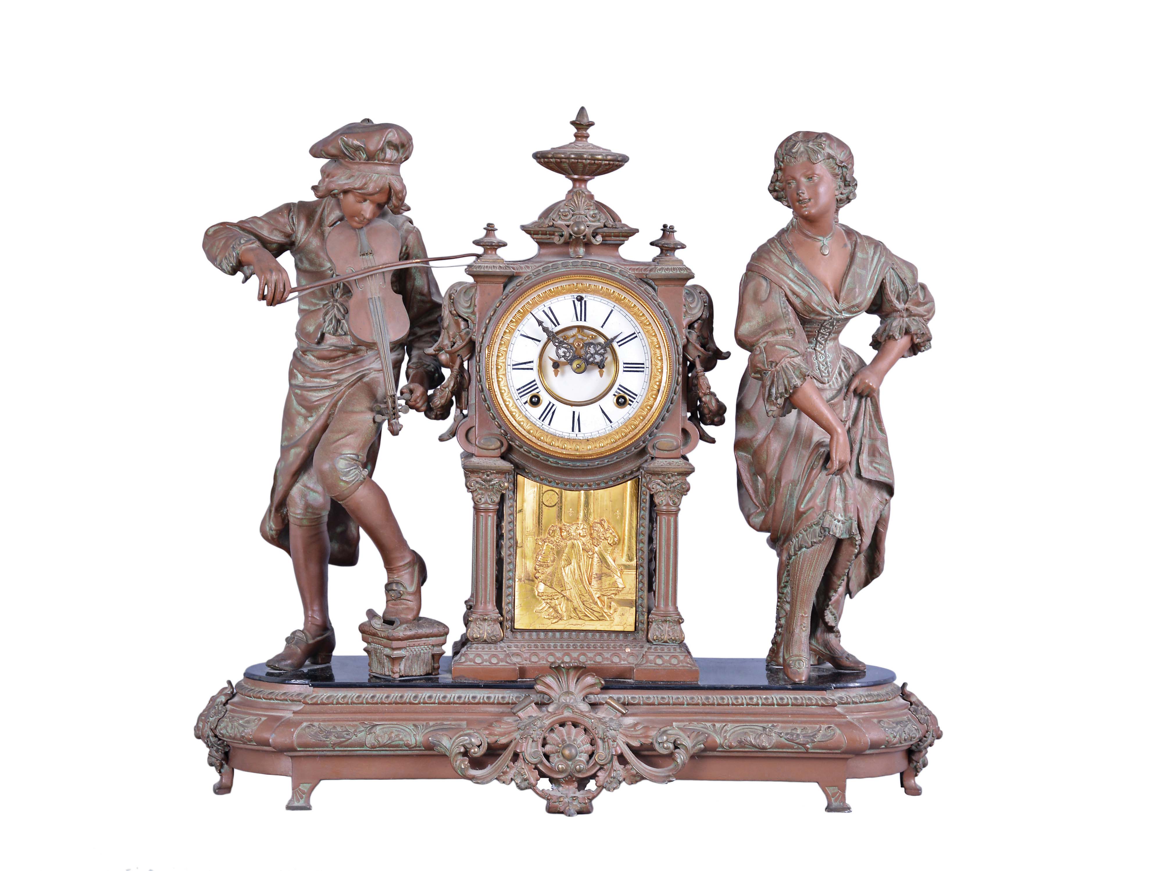 Ansonia Clock Co., New York, "Minuet", 8 day, time and strike, spring brass movement figural mantel clock. — Antique Clocks Price Guide