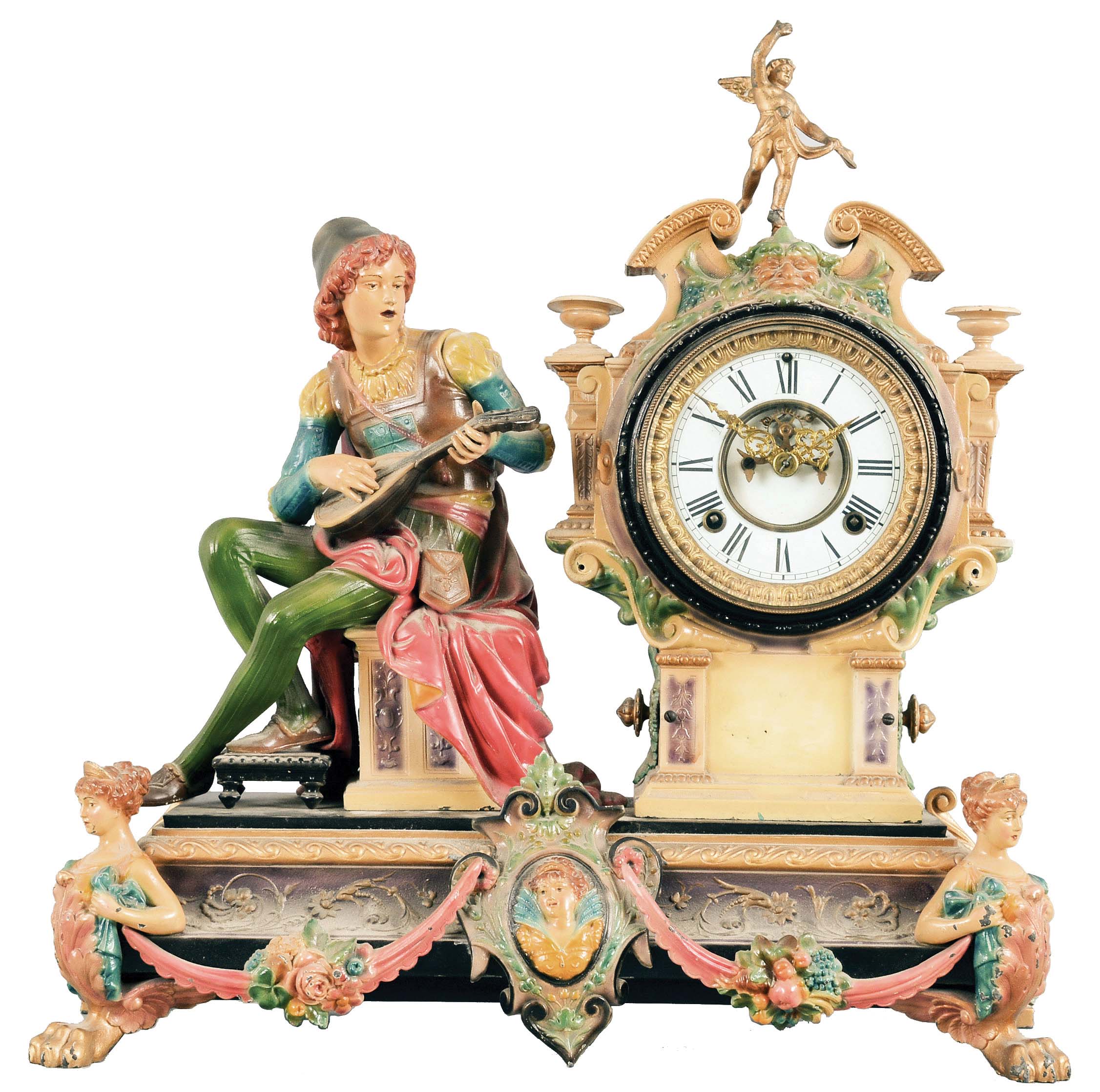 Ansonia Clock Co., New York, "Bard" figural mantel clock, 8 day, time and strike, spring driven movement with visible brocot escapement in a spelter case on an enameled cast iron base, white enamel dial with Roman numerals. — Antique Clocks Price Guide