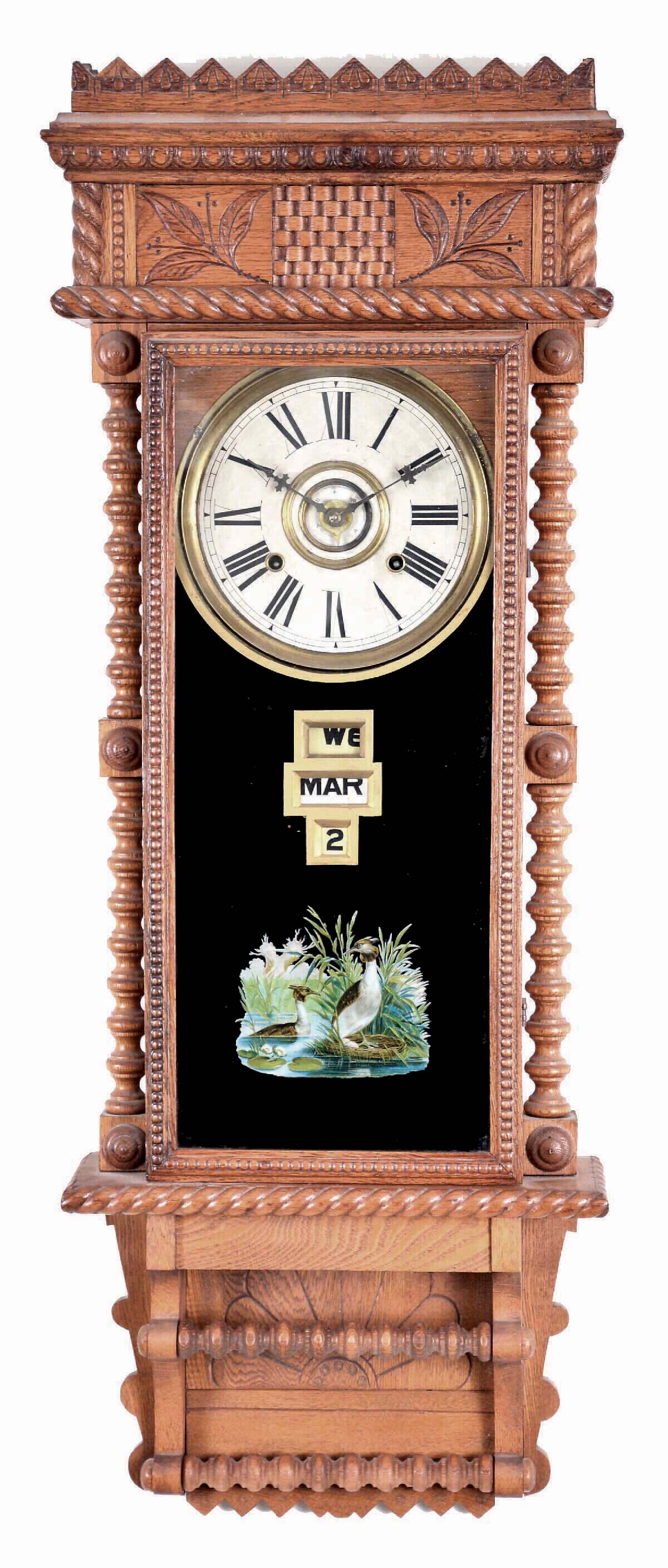 Wm. L. Gilbert Clock Co., Winsted, Conn., "Berkshire" model, uncommon calendar clock with the calendar mechanism mounted to the door. — Antique Clocks Price Guide