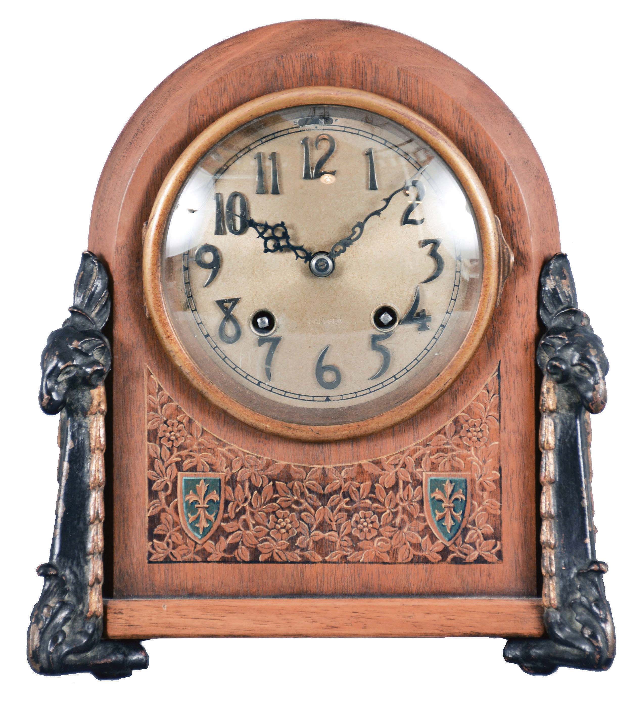 Chelsea Clock Co., Boston, Mass., 8 day, time and house strike spring brass lever movement desk clock. Serial No. 162806 — Antique Clocks Price Guide