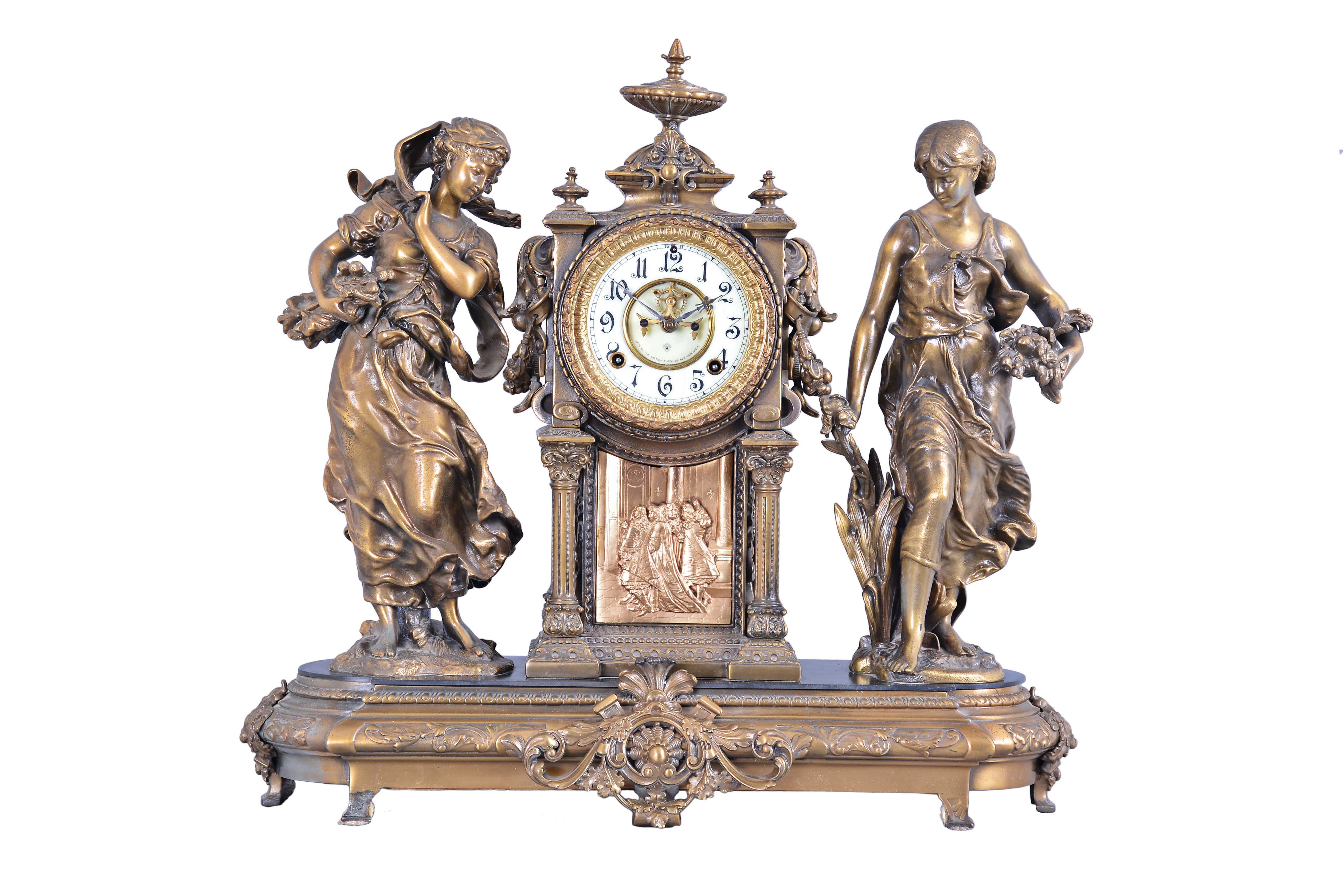 Ansonia Clock Co., New York, "Summer and Winter" 8 day, time and strike, spring brass movement figural mantel clock. — Antique Clocks Price Guide