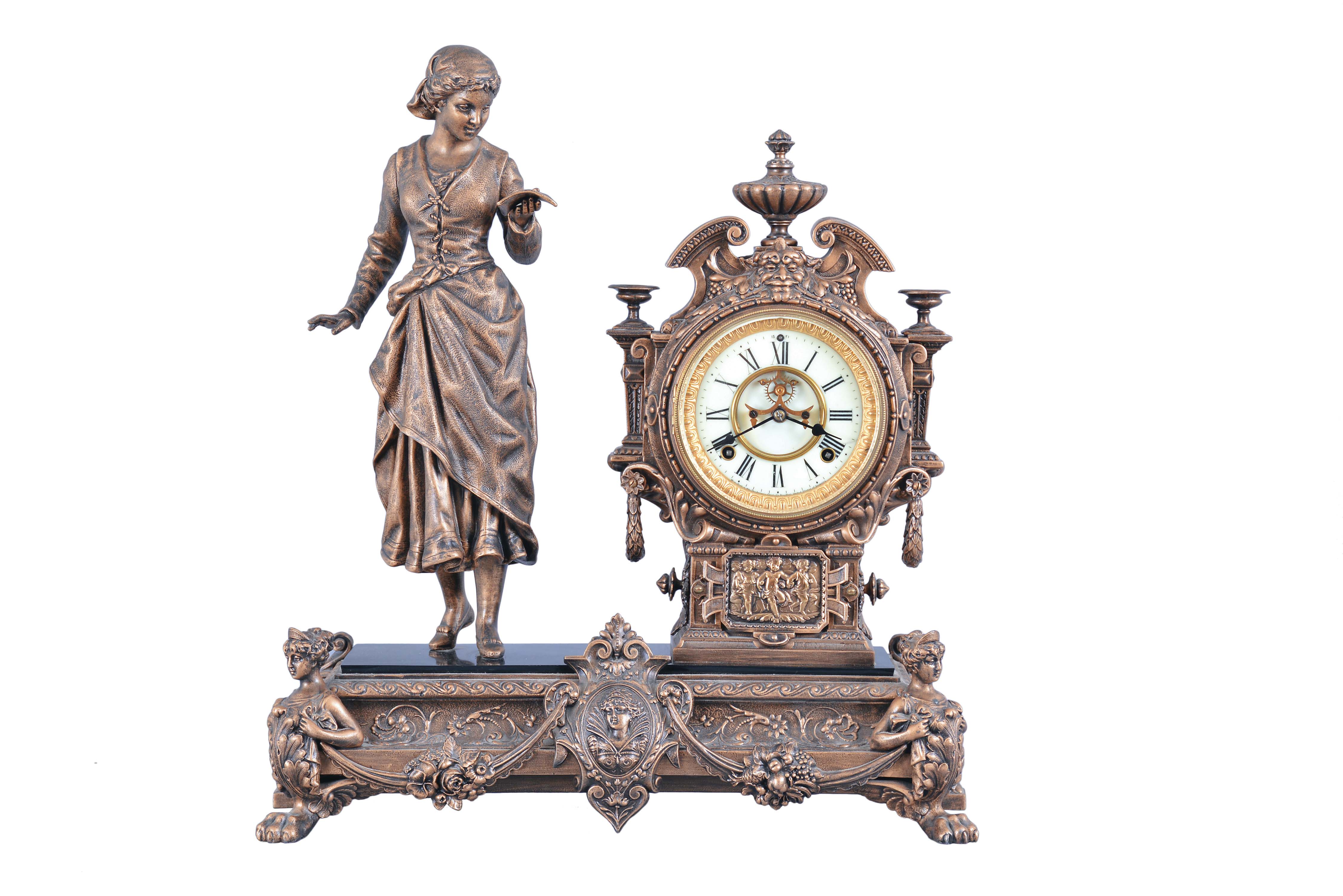 Ansonia Clock Co., New York, "Solo", 8 day, time and strike, spring brass movement figural mantel clock. — Antique Clocks Price Guide