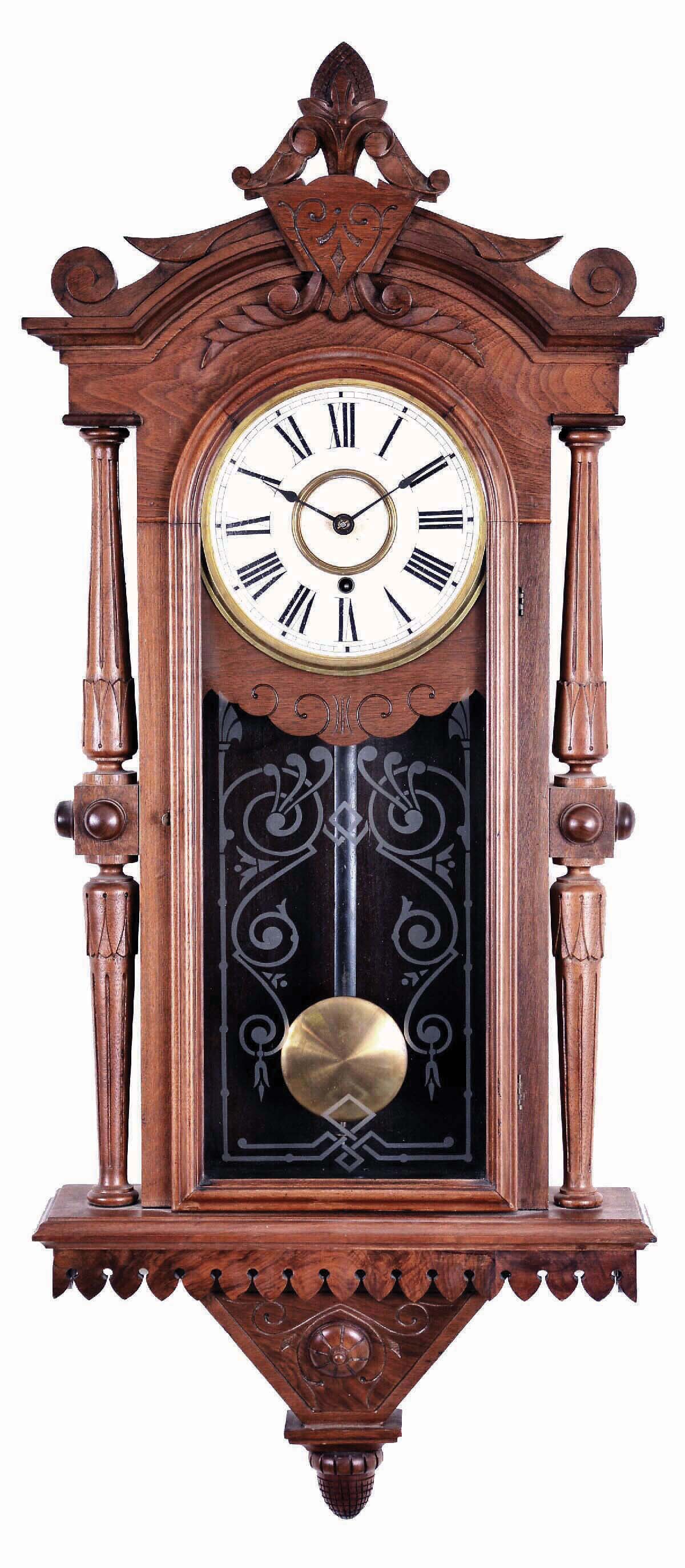 F. Kroeber Clock Co., New York "Regulator No. 30", walnut cased wall timepiece, 8 day with etched tablet. — Antique Clocks Price Guide