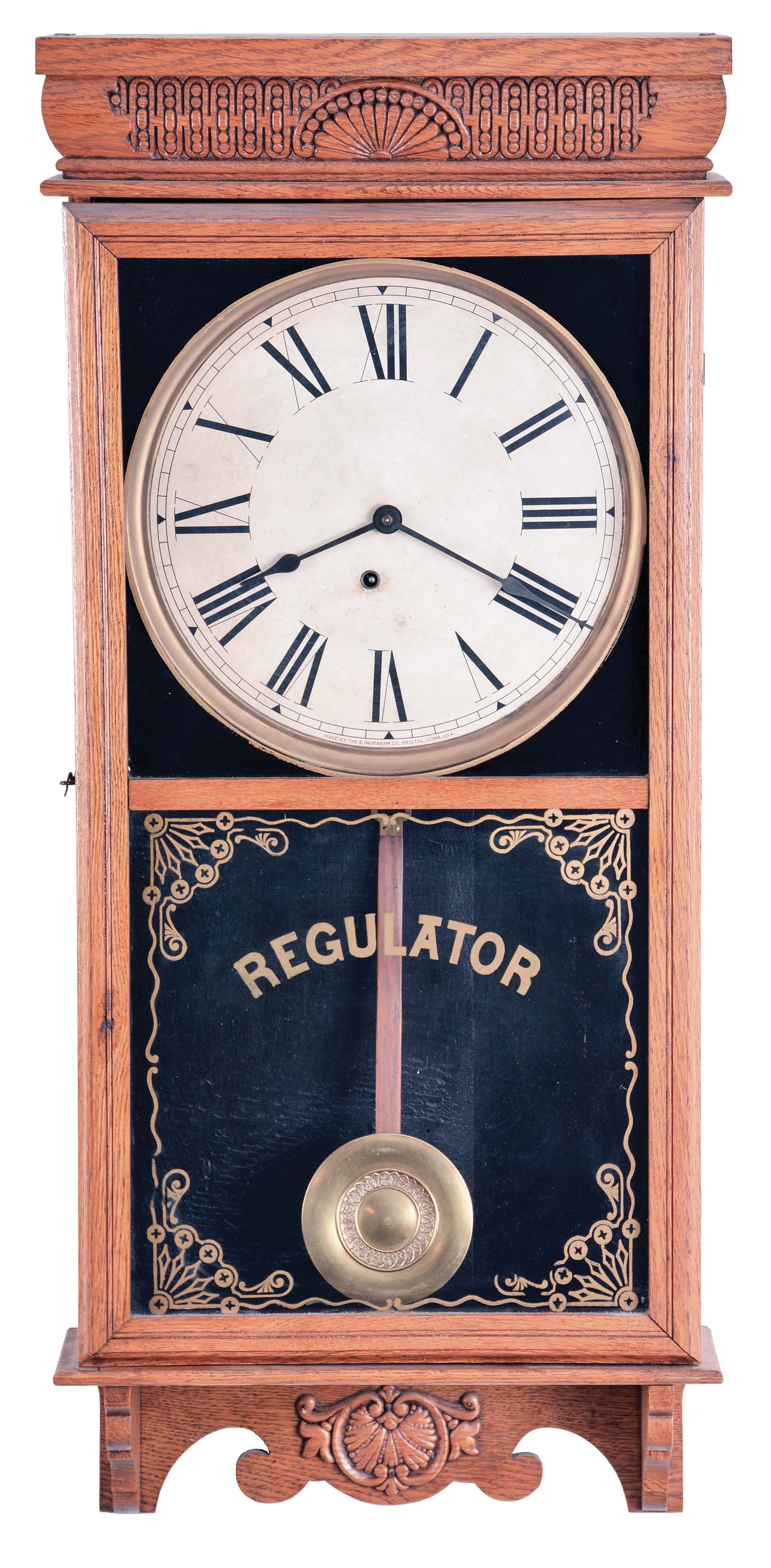 Clocks- 3 (Three) American wall clocks, 8 day, spring driven in oak cases: (1) Wm. L. Gilbert Clock Co. school house, time and strike; (2) Sessions Clock Co., store regulator, time only with calendar; (3) E. Ingraham &amp; Co., store regulator, time only — Antique Clocks Price Guide