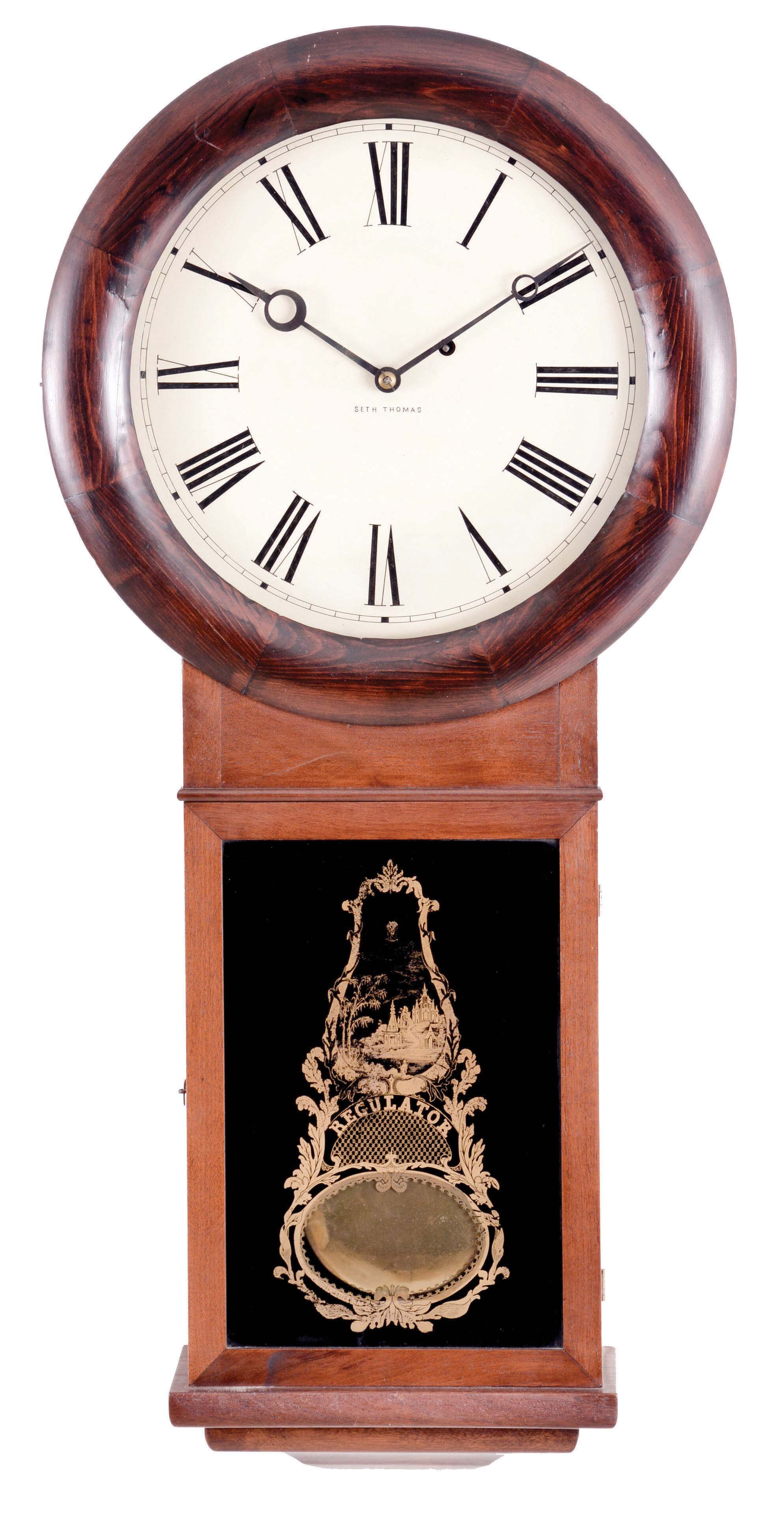 Seth Thomas Clock Co., Thomaston, Conn., "Regulator No. 2", the mahogany veneered case with turned bezel over the 12-inch zinc dial with roman numerals and marked "Seth Thomas", the lower glazed door with transfer decorated gold work, pendulum aperture and marked "Regulator", eight day brass movement with dead beat escapement, lantern pinions and "T" suspension for the pendulum, all on a cherry seating board, the wood rod pendulum rod carries a brass-faced pendulum bob. — Antique Clocks Price Guide