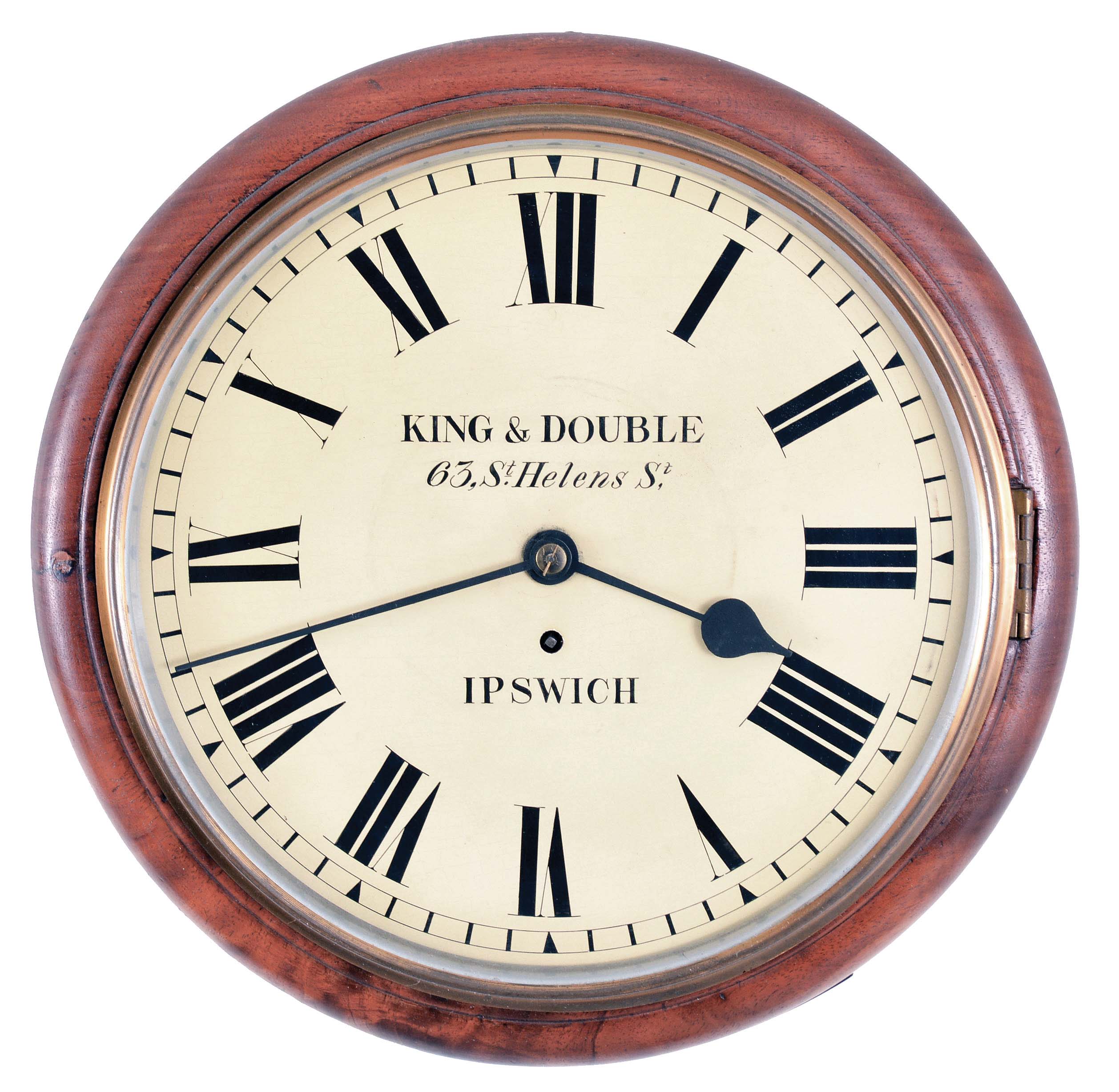 Clocks- 2 (Two) English Dial Clocks, the first with overall diameter 15 inches, mahogany dovetailed case with side and lower case access, the painted iron dial signed "King &amp; Double/63 St. Helens St./Ipswich" with blued spade hands, eight day time only cable fusee spring movement with recoil escapement and brass pendulum, the last with overall diameter 19 inches, movement marked by Winterhalder &amp; Hofmeier and hardwood molded surround, brass bezel, and signed on the painted iron roman numeral dial "J. Whiplech/Hollinwood" with blued spade hands, eight day time only gut fusee movement stamped "W&amp;H/Sch" and box hardwood case with side and bottom access. — Antique Clocks Price Guide