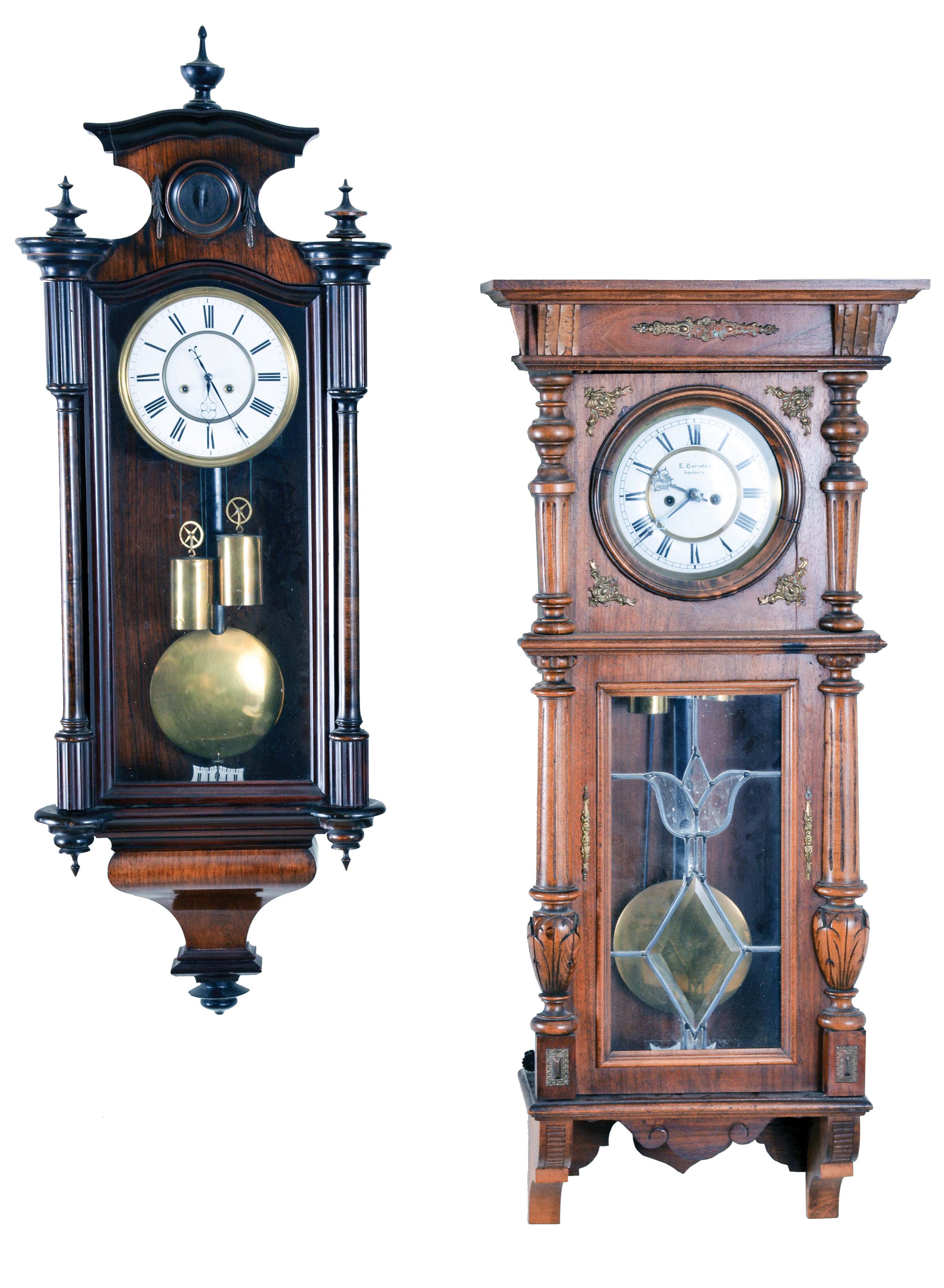 Clocks- 2 (Two) Vienna Regulator, 8 day, double brass weight driven, time and strike: (1) E. Bernstein, Oderberg, walnut case; (2) Unsigned, rosewood grained — Antique Clocks Price Guide