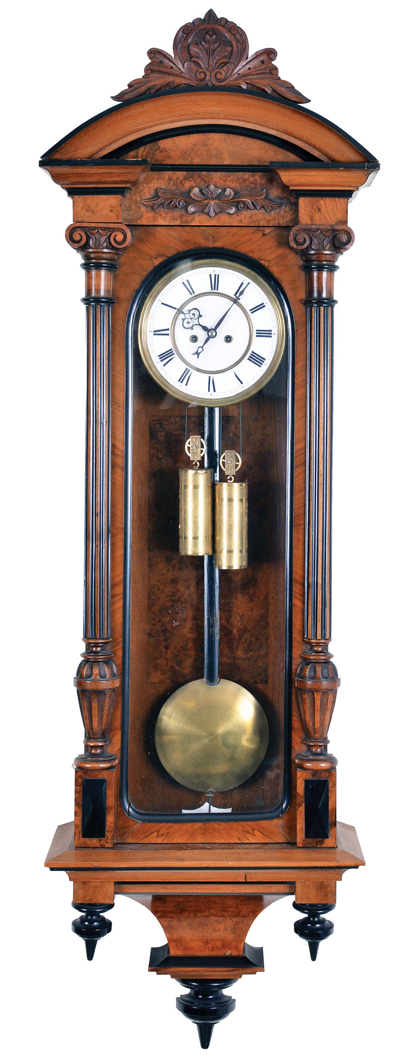 Clocks- 2 (Two) Vienna regulators: (1) Remember GR, Wien, 8 day, time and strike, weight driven movement in a walnut case with ebonized accents; (2) Unsigned movement, 8 day, time and strike with quarter strike, weight driven movement in a walnut case. — Antique Clocks Price Guide