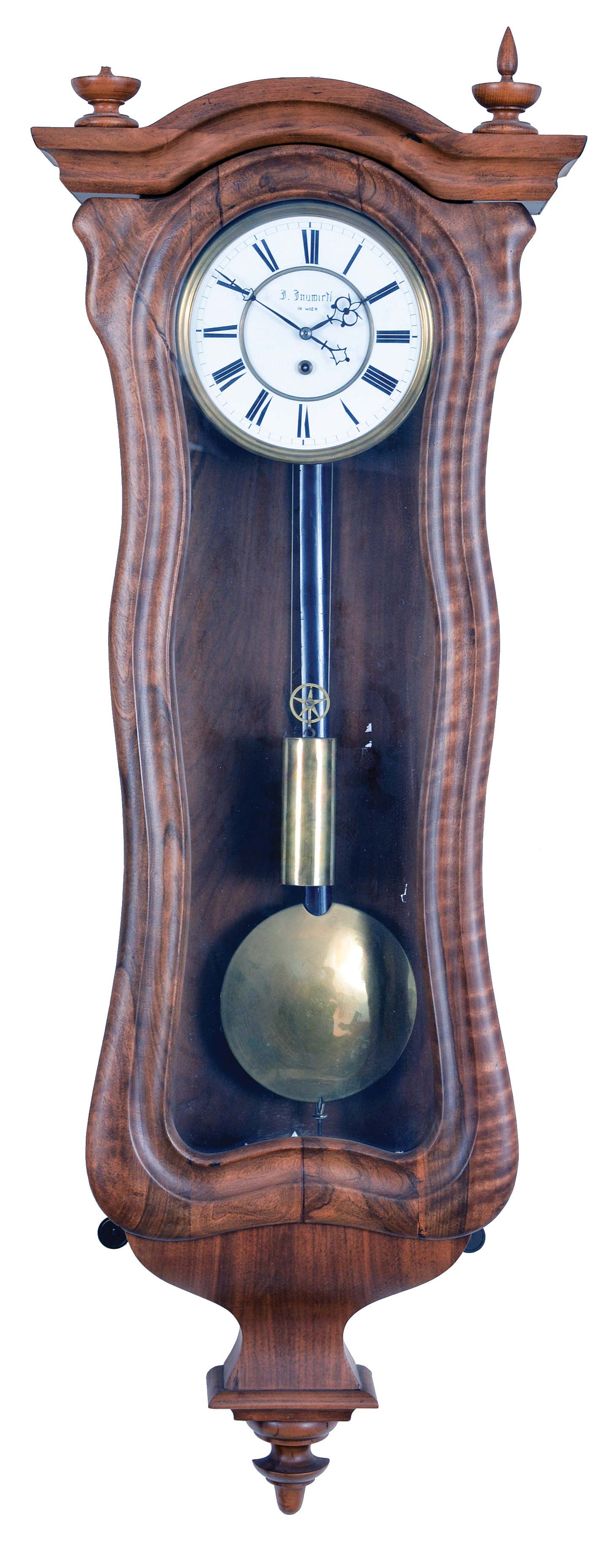 Clocks- 2 (Two) Vienna Regulators: (1) 8 day, time only, weight driven with a walnut serpentine case and retailer signed dial; (2) Gustav Becker, 8 day, time and strike in a Baroque case with porcelain dial. — Antique Clocks Price Guide