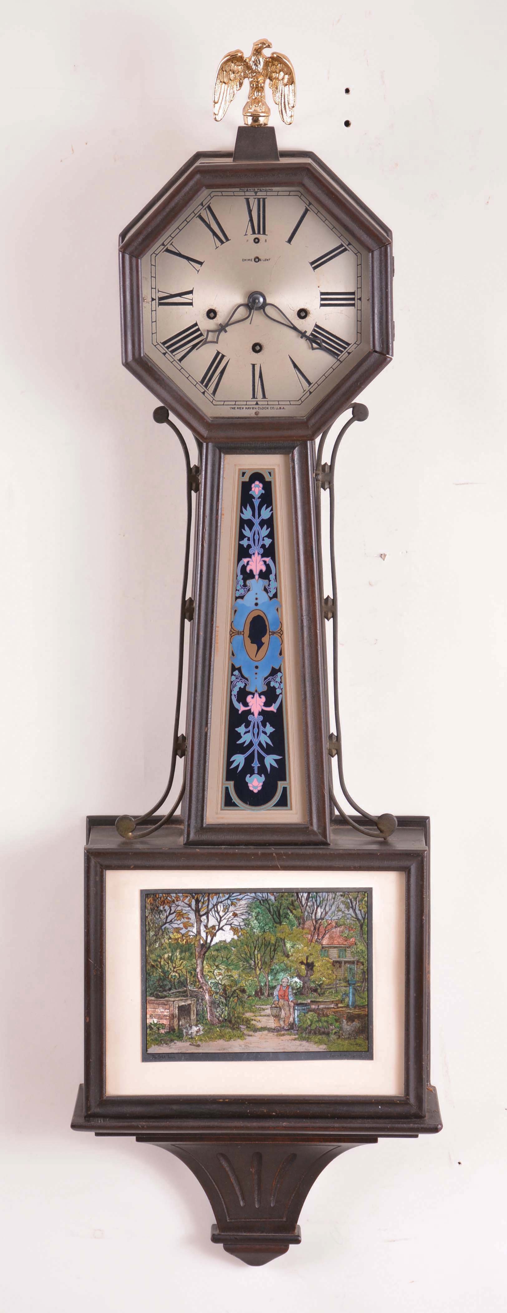 Clocks- 2 (Two) American wall clocks: (1) Seth Thomas Clock Co., Thomaston, Conn., 30 day, time only, double spring driven gallery clock in square oak case; (2) New Haven Clock Co., New Haven, Conn., "Washington Chime", 8 day, time, strike and Westminster chime banjo in a mahogany case — Antique Clocks Price Guide