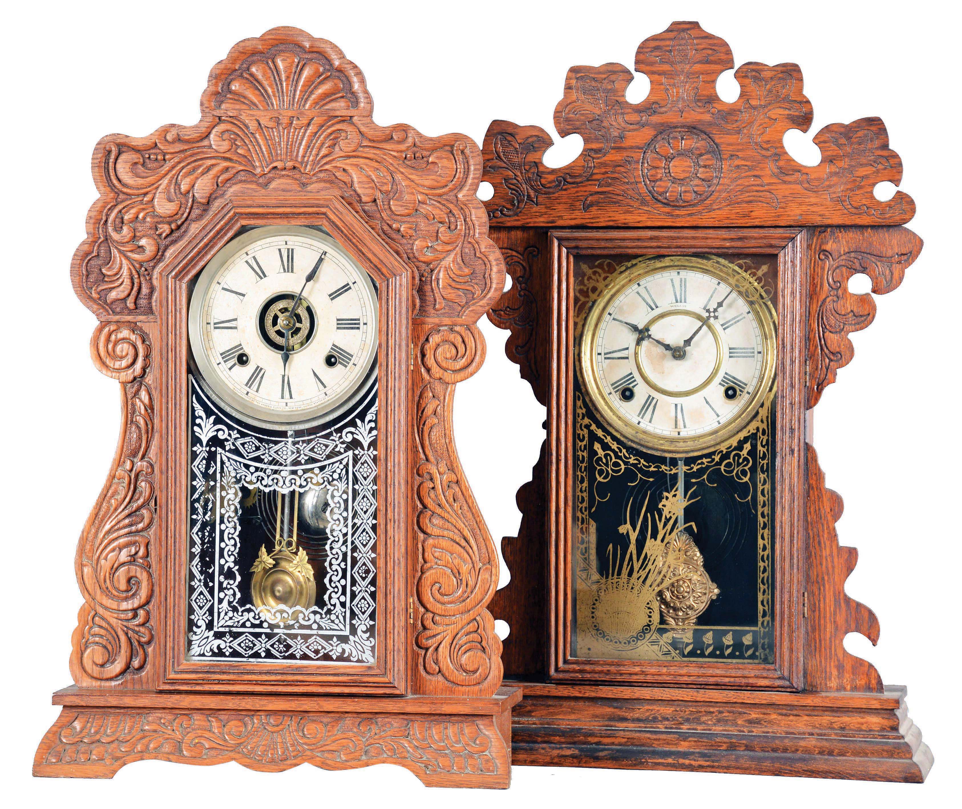 Clocks- 2 (Two) American Shelf: (1) E. N. Welch Mfg. Co., Forestville, Conn., "Assortment A. No.3" mantel clock, 8 day, time and strike, spring driven movement in a pressed oak case, c. 1900; (2) Ansonia Clock Co., New York, "Aden" mantel clock, 8 day, time and strike with alarm, spring driven movement in pressed oak case, c1906. — Antique Clocks Price Guide