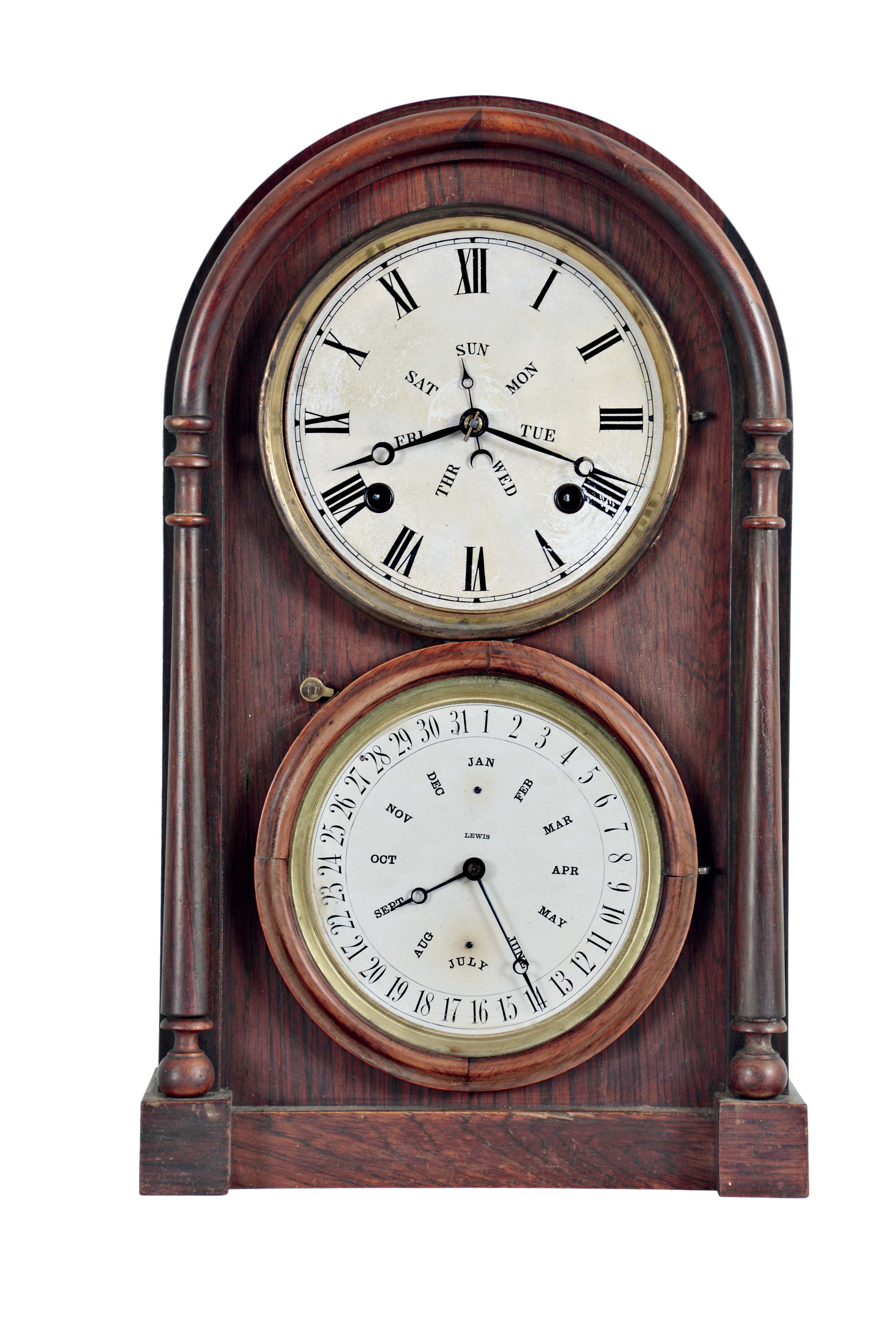 Burwell and Carter, Bristol, Conn., 8 day, time and strike, spring brass movement double dial B.B. Lewis calendar clock. — Antique Clocks Price Guide