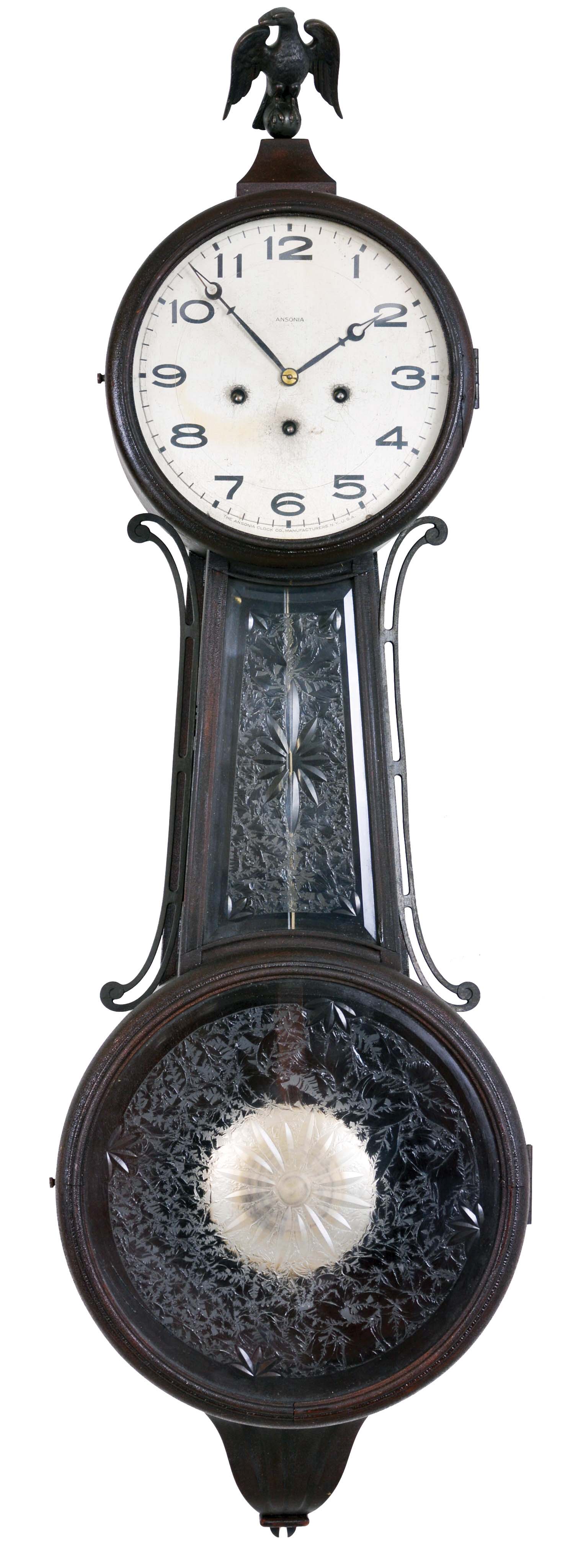 Ansonia Clock Co., New York, "Ansonia Banjo No. 3", 8 day, time and strike with Westminster chime spring brass movement banjo wall clock. — Antique Clocks Price Guide