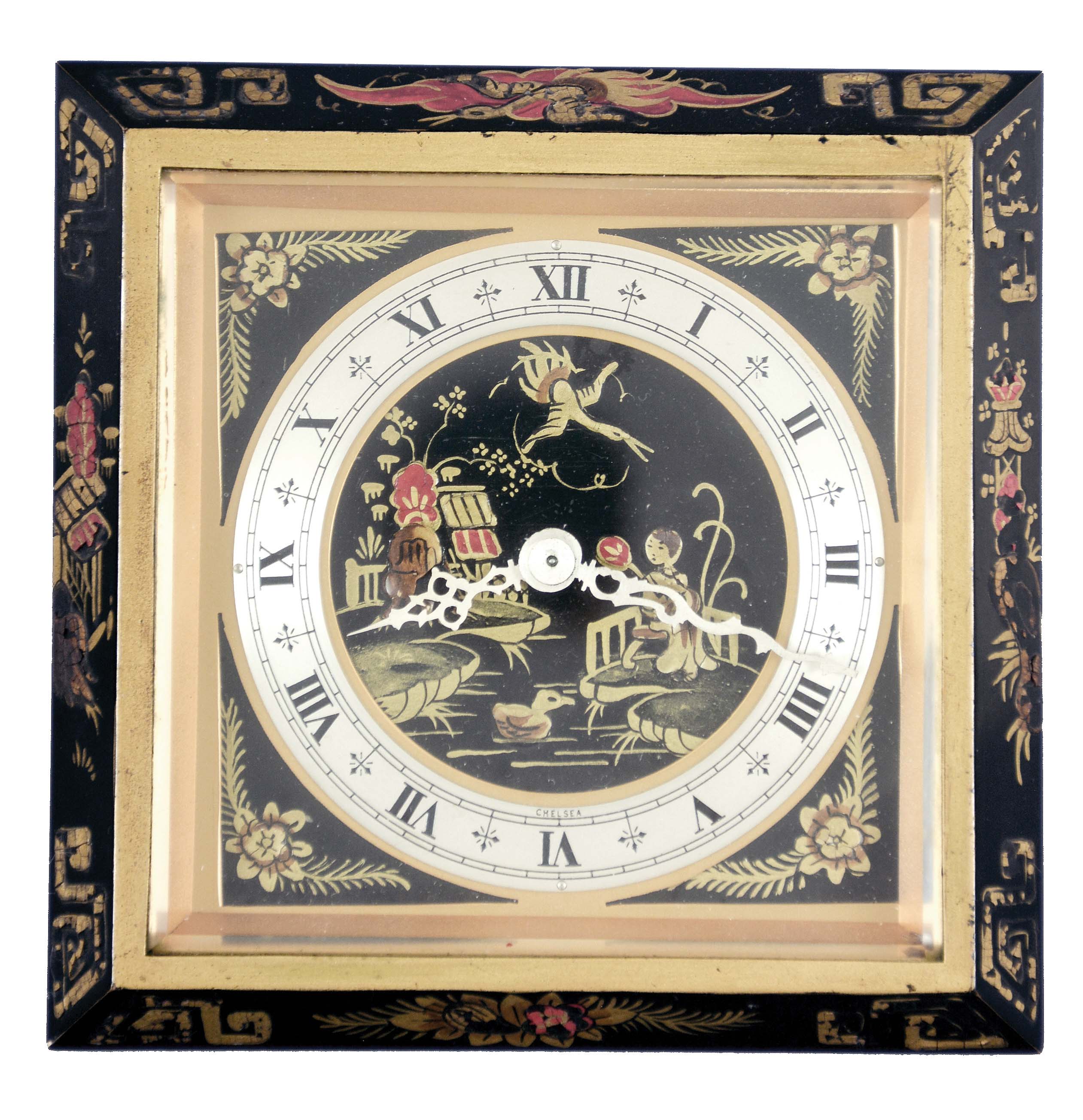 Chelsea Clock Co., Boston, Mass "Chinese Lacquer" easel-style desk clock, 8 day, time only, spring driven balance wheel movement, with 4.5 inch silvered chapter ring, movement serial number 538546. — Antique Clocks Price Guide