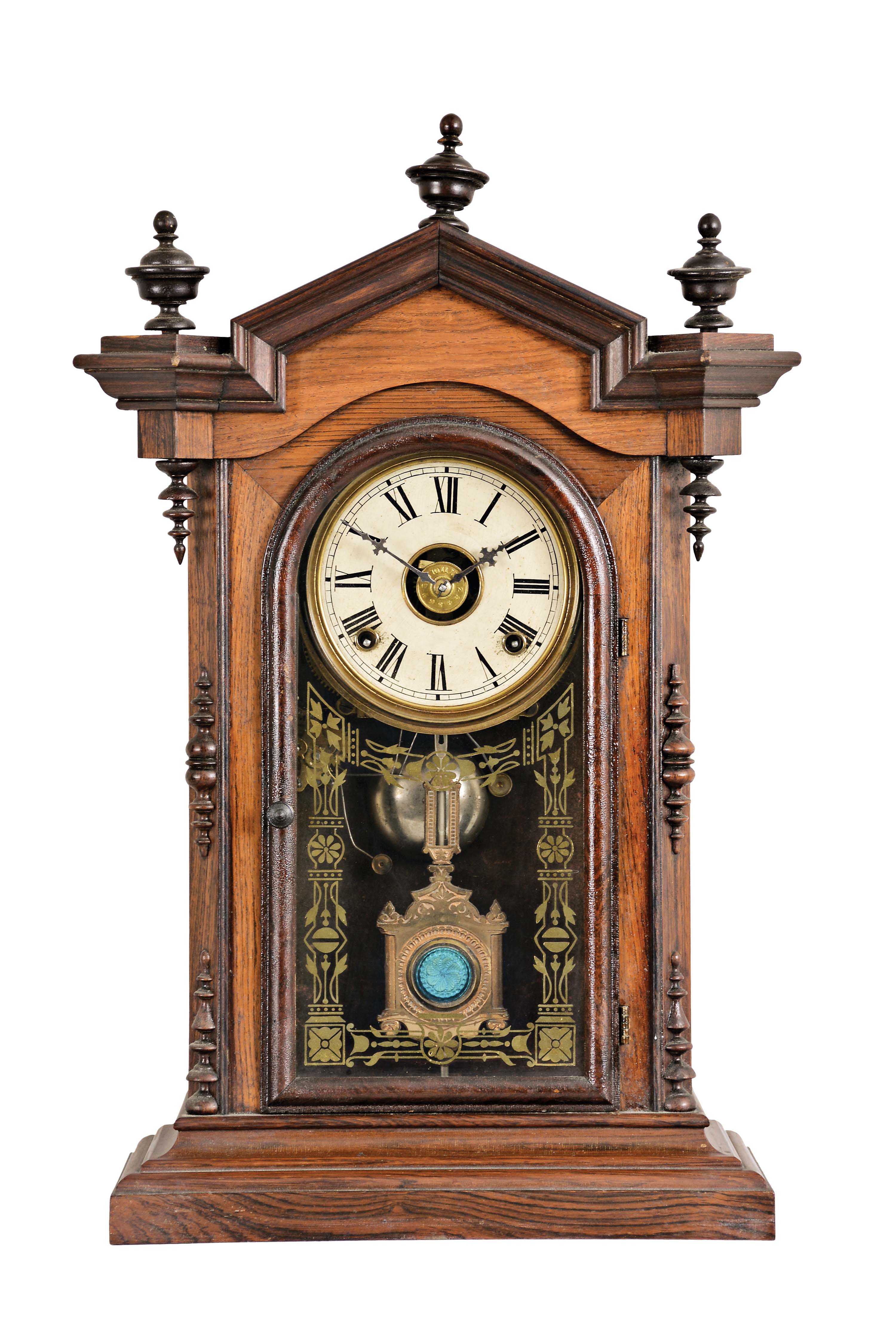 Welch, Spring &amp; Co., Bristol, Conn., "Lucca V.P.", 8 day, time, strike and alarm brass spring movement shelf clock. — Antique Clocks Price Guide