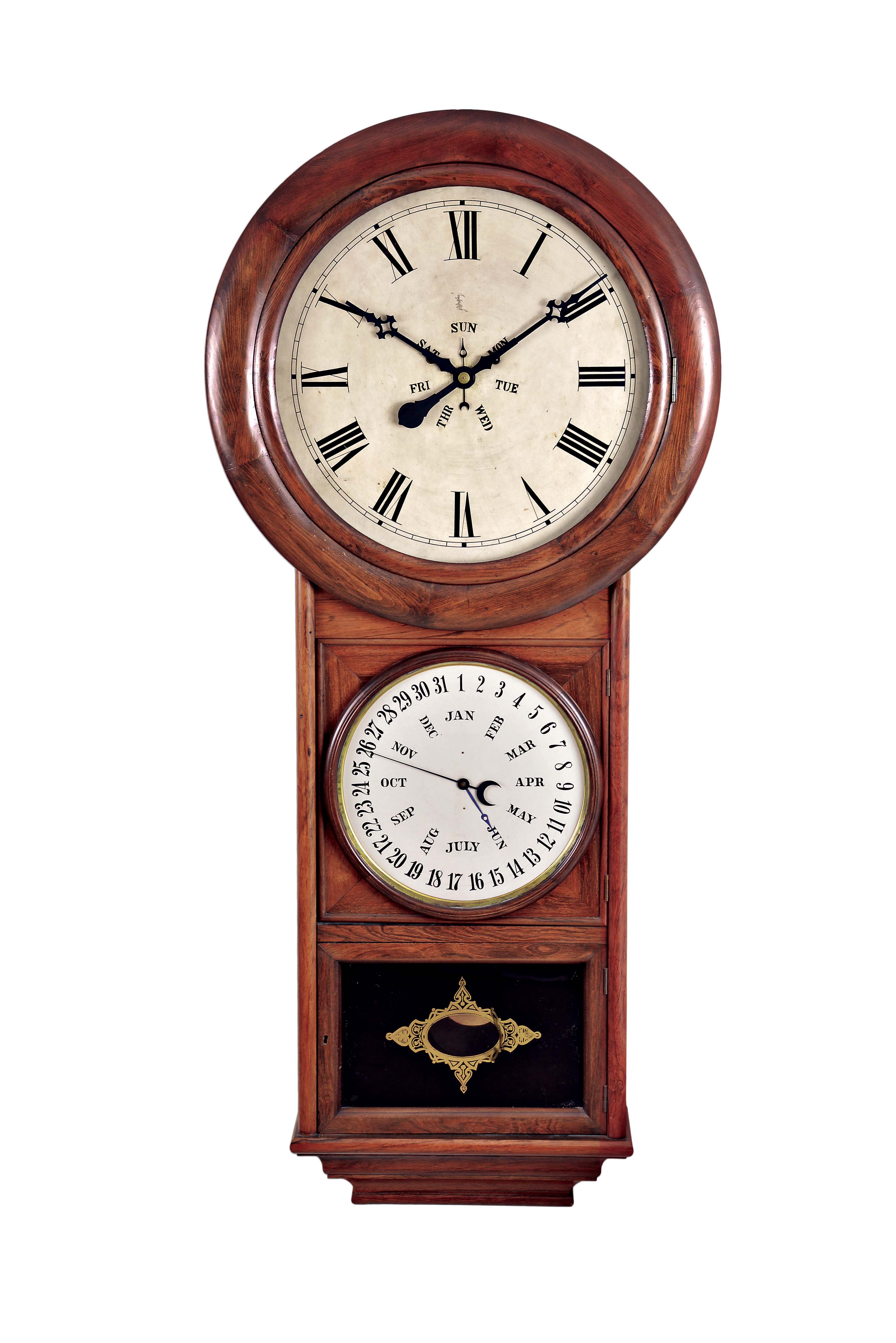 Welch, Spring &amp; Co, Forestville, Conn.,. "Regulator Calendar No. 1", rosewood veneered case with 16-inch zinc roman numeral dial with center day of the week, blued steel maltese hands, the mid section with hinged door and B.B. Lewis enclosed perpetual calendar mechanism, the backboard in this section contains the original printed label reading in part..."Extra Eight-Day Perpetual Calendar Clocks...Manufactured by Welch, Spring and Co." and flocked paper dust cover, lower door with black and gold decorated tablet of Welch pattern, eight day, two weight, time-only, upside-down movement with recoil escapement and two cylindrical compounded iron weights, wooden pendulum rod and brass bob. — Antique Clocks Price Guide