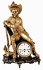 Johann Farbinger in Wessprim, Austrian blinking eye mantel clock with calendar, carved wooden case with gilt figure of a hunter, resting on a stump, with musket, and his dog at his feet, his eyes moving side to side as the clock runs, Roman numeral white enamel dial with day of month display at center, blued steel Breguet style hands, 2 day, three train grand sonnerie striking movement with silk thread suspension, all on gilt, foliate ornamented feet