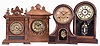 Clocks- 4 (Four): (1) Ansonia Clock Co., New York, "Salem" cabinet shelf clock with a spring driven, 8 day, time and strike movement in a solid oak case, c1894; (2) E. Ingraham & Co. unidentified model cabinet shelf clock with a spring driven, 8 day, time and strike movement in a solid oak case, c1893. (3) E, Ingraham & Co., Bristol, Conn., "Huron" shelf clock with a spring driven, 8 day, time and strike movement in a rosewood veneered case, c1880. (4) Unidentified shelf clock with an Seth Thomas spring driven, 8 day, time and strike movement in a rosewood veneered case, c1885.