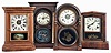 Clocks- 4 (Four): (1) Seth Thomas Clock Co., Thomaston, Conn., "St. Louis" shelf clock with a spring driven, 8 day time, strike and alarm movement in a walnut case, c1884; (2) Welch, Spring & Co., Forestville, Conn., "Peerless" shelf clock with a spring driven, 8 day, time and strike movement in a rosewood veneered case, c1872. (3) Atkins Clock Co., Bristol, Conn., "Round Top #2" shelf clock with a spring driven, 8 day time, strike and alarm movement in a rosewood veneered case, c1873. (4) E. Ingraham & Co., Bristol, Conn., "Arch Column No. 1" shelf clock with a spring driven, 8 day, time and strike movement in a rosewood veneered case, c1865.