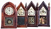 Clocks- 4 (Four): (1) Brewster & Ingrahams, Bristol, Conn., Steeple shelf clock with a spring driven 30 hour time and strike movement (iron back plate) in a mahogany veneered case, c1850; (2) Chauncey Jerome, New Haven, Conn., Steeple shelf clock with a spring driven 30 hour time, strike & alarm movement in a mahogany veneered case, c1845. (3) Brewster & Ingrahams, Bristol, Conn., Steeple shelf clock with a spring driven 30 hour time and strike movement in a rosewood veneered case, c1850. (4) Daniel Pratt & Sons, Reading, Mass., "Beehive" shelf clock with a spring driven, 8 day, time and strike movement in a mahogany veneered case, c1855.