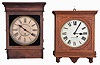 Clocks- 4 (Four): (1) Sessions Clock Co., Forestville, Conn., "Sentinel", 8 day, spring brass movement wall timepiece, c1910; (2) Seth Thomas Clock Co., Thomaston, Conn., "Office No. 5", 8 day, spring brass movement wall timepiece, c1904. (3) E. N. Welch Mfg. Co., Forestville, Conn., 8 (30?) day, spring brass movement unidentified model wall timepiece, c1892. (4) Ansonia Clock Co., New York, "Fulton", 30 day, spring brass movement wall timepiece, c1914 Measurement is for the largest clock.