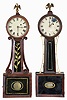 Clocks- 2 (Two): (1) Massachusetts, North Attleboro-style, 8 day, weight brass movement Patent or banjo timepiece; (2) Massachusetts, North Attleboro-style, 8 day, weight brass movement Patent or banjo timepiece. Based on the door latches these could both be timepieces made by Horace Tifft.