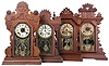 Clocks- 4 (Four): (1) E. Ingraham & Co., Bristol, Conn., "Tulip", 8 day, time and strike, spring brass movement walnut mantel clock, c1895; (2) E. Ingraham & Co., Bristol, Conn., "Diadem", 8 day, time and strike, spring brass movement walnut mantel clock, c1881 (3) E. Ingraham & Co., Bristol, Conn., "Pansy", 8 day, time, strike spring and alarm brass movement walnut mantel clock, c1881. (4) E. Ingraham & Co., Bristol, Conn., "Westminster", 8 day, time and strike, spring brass movement oak mantel clock, c1915