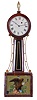 Unsigned, Connecticut and North Attleboro, Massachusetts, banjo wall clock, with poplar and mahogany veneered case, painted zinc roman numeral dial with moon hands, beveled flat frames enclosing the painted glasses, the waist glass flanked by brass side ornaments in black and gold, the lower glass, a later transfer and paint decorated American eagle perched on the American shield and olive branches, eight day brass movement with recoil escapement, lantern pinions, lead weight and pendulum.