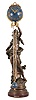 France, a large figural swinging clock, the female figure after "Brise d'Automne" by Auguste Moreau, her hair and dress blown in the autumn breeze, and holding the clock aloft in her left hand, the 8 day timepiece movement contained in the blue, upper sphere, and mounted with gilt, stylized Roman numerals and Louis XV style hands, with three rod gridiron style connection to the smaller, lower ball