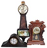 Clocks- 3 (Three) wood cased clocks: (1) New Haven Clock Co., New Haven, Conn., "No. 540", 8 day spring driven, time & strike with alarm parlor clock in a walnut case, c. 1890; (2) Wm. L. Gilbert Clock Co., Winsted, Conn., "Yorktown", 8 day spring driven, time & strike banjo clock with mahogany finish and burl veneer panel, c. 1930; (3) Wm. L. Gilbert Clock Co., Winsted, Conn., tambour clock, 8 day spring driven, time & bim-bam strike tambour clock in a walnut case, c. 1930.