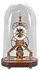 Chinese, reproduction skeleton clock, brass framed chain fusee movement with large wheels, recoil escapement, Roman numeral white enamel dial, pierced steel hands, on a wooden base with brass feet, and under a glass dome