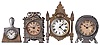 Clocks- 4 (Four) F. Kroeber Clock Co., New York, 30 hour, spring driven balance wheel clocks including a "Thisle" alarm c1879, a "Trump" alarm c1882, a "Brush" novelty c1887, and "Good Luck" with Welch movement, c1880.