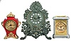 Clocks- 3 (Three) Kroeber Alarm: (1) F. Kroeber Clock Co., New York, "Brass Easel No. 1" alarm clock, 30 hour, time and alarm, spring driven balance wheel movement in a cast brass case featuring enameled numerals, satyr head, peacock, and two winged dragon figures, c1888; (2) F. Kroeber Clock Co., New York, "Josephine" alarm clock, 30 hour, time and alarm, spring driven balance wheel movement in cast metal case, c1898. (3) F. Kroeber Clock Co., New York, carriage style alarm clock, 30 hour, time and alarm, spring driven balance wheel movement in metal case.
