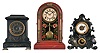 Clocks- 3 (Three): (1) Shing Lee Mfg. Co., Chefoo, China, 8 day, time and strike, spring brass movement round top shelf clock, c1910; (2) F. Kroeber Clock Co., New York, "Cabinet No. 2", 8 day, time and strike, spring brass movement wood case shelf clock, c1881 (3) Unknown, possibly by the American Clock Co., New York, 30 hour, time and alarm spring brass movement iron front shelf clock, c1865