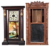 Clocks- 3 (Three): American shelf clocks: (1) Marsh, Gilbert & Co., Farmington, Conn., carved half column and carved eagle splat shelf clock with a weight driven 30 hour time and strike movement in a mahogany veneered case, c1833; (2) Boardman & Wells, Bristol, Conn., carved half column and carved splat case only, c1835. (3) Solomon C. Spring, Bristol, Conn., half column shelf clock with a weight driven, 8 day, time and strike strap brass movement in a rosewood veneered case, c1860.