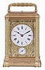 Klaftenberger, Paris, a fine, gorge cased, grand sonnerie carriage clock, the glazed, gilt case with foliate engraving and chasing, Roman numeral white enamel dial with blued steel hands, and with gilt mask, engraved to match the case, 8 day time, strike, and alarm movement with lever platform, sounding grand or petit quarters, and repeating the last hour and quarter on demand, with script "AB" stamp inside plates, and also with the mark of Henri Jacot.